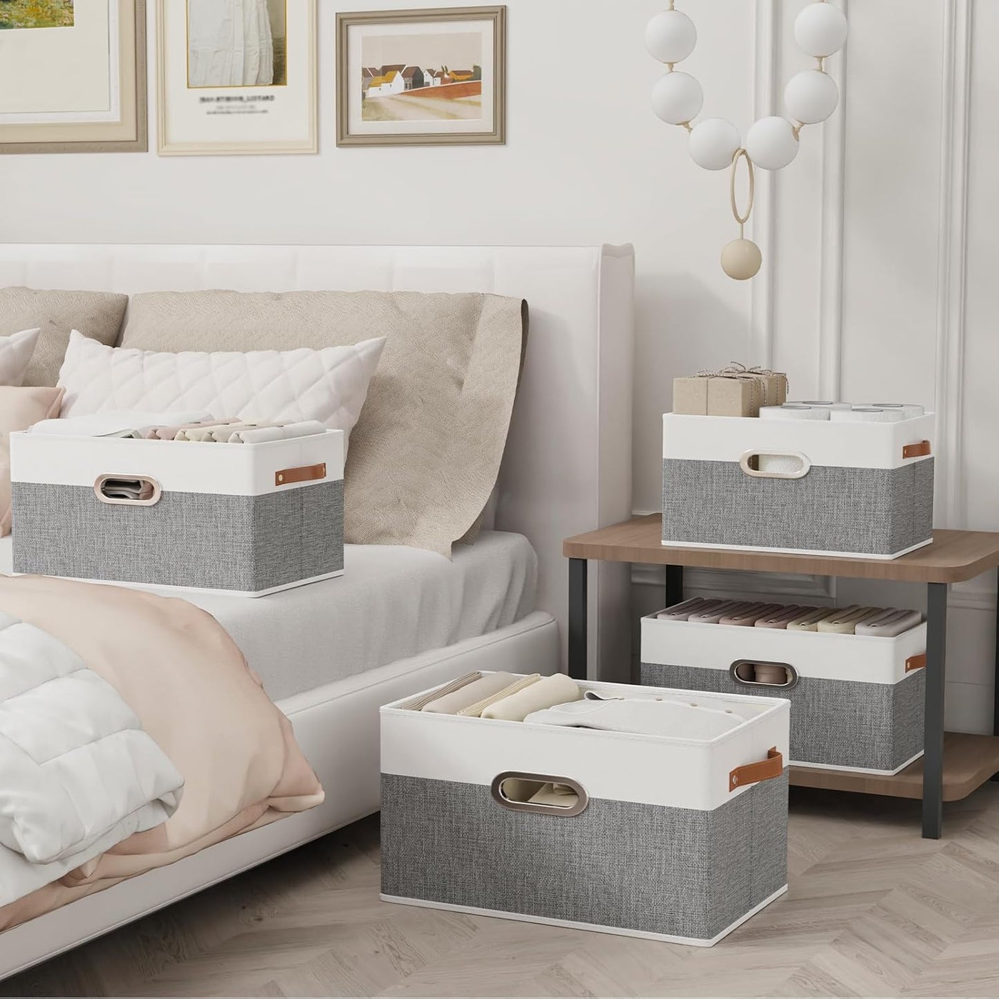 Yawinhe Fabric Storage Bins with Handles, Foldable Baskets for Shelves, Cubes with 3 Handles, Large Boxes for Clothes, White/Grey, 16.9''Lx11.8''Wx10.2''H, 4-Pack