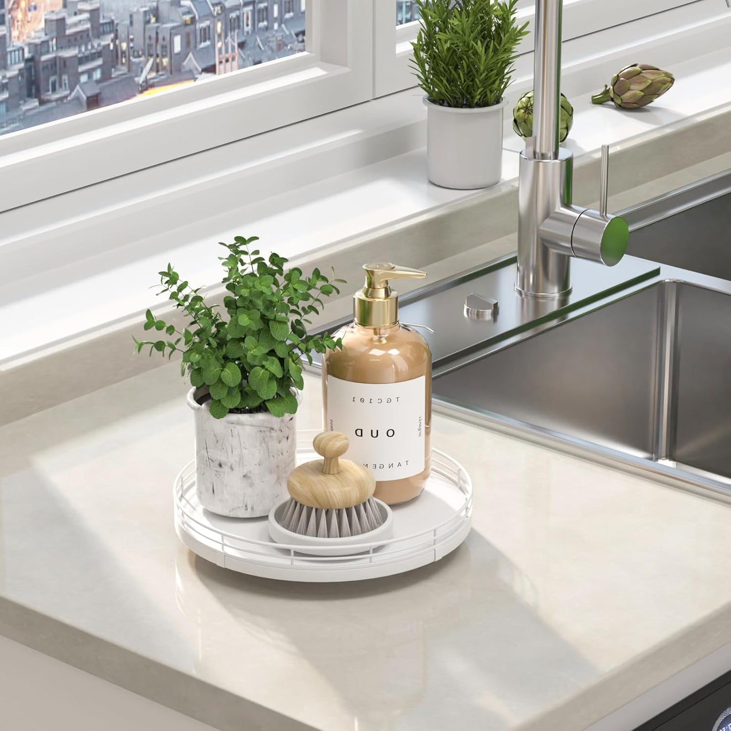 9" Oak Wood Bathroom Tray for Counter, Vanity Tray for Perfume Lotion Candle Makeup Jewelry Sink Soap Holder Turntable Dresser Organizer Countertop Coffee Table Decor Organization and Storage White