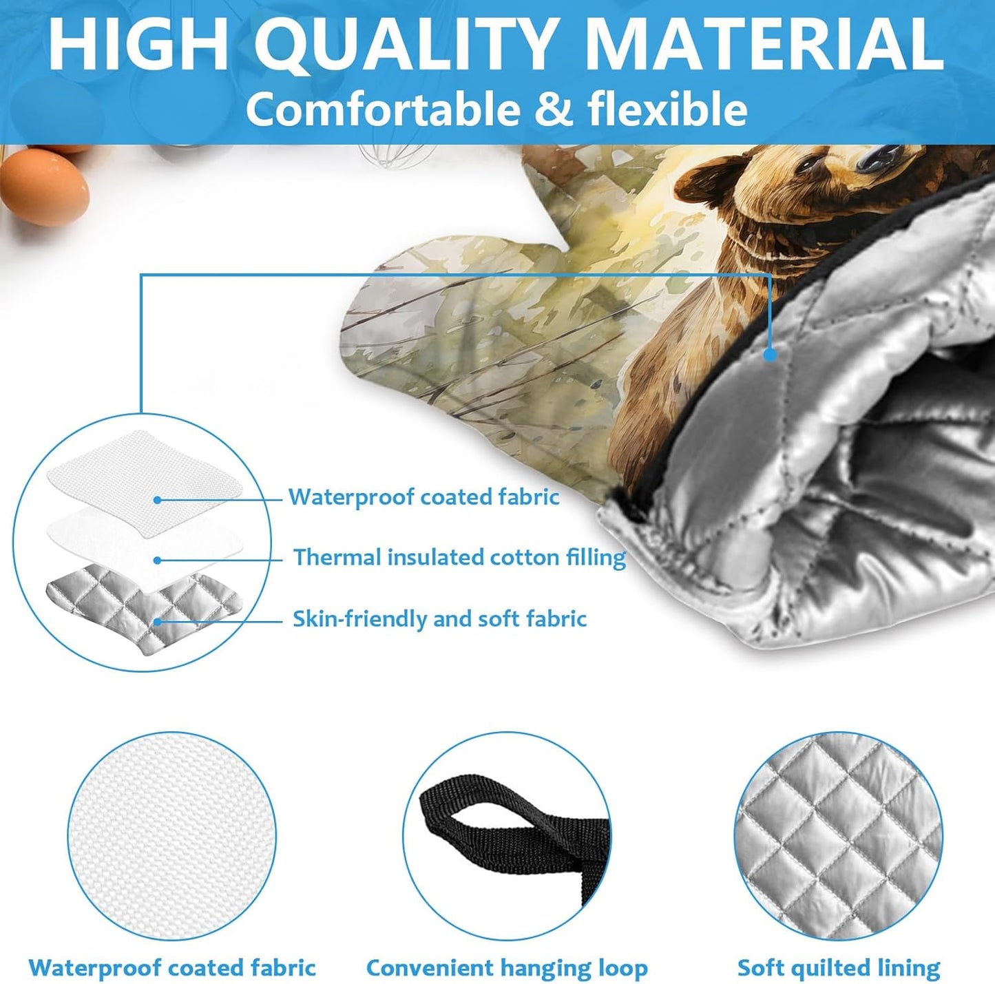 Watercolor Brown Bear Oven Mitts and Pot Holders Sets Heat Resistant 4Pcs Autumn Forest Animal Potholders Oven Gloves Hot Pads for Kitchen Baking Cooking Grilling BBQ