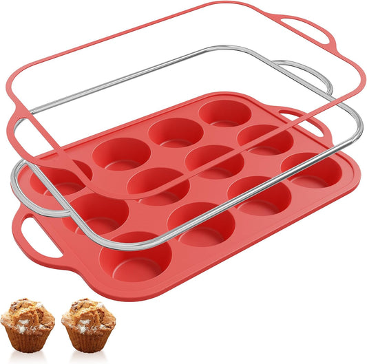 Silicone Muffin Pan for Baking with Metal Reinforced Frame, 12 Cup Regular Size Cupcake Pan Flame Red