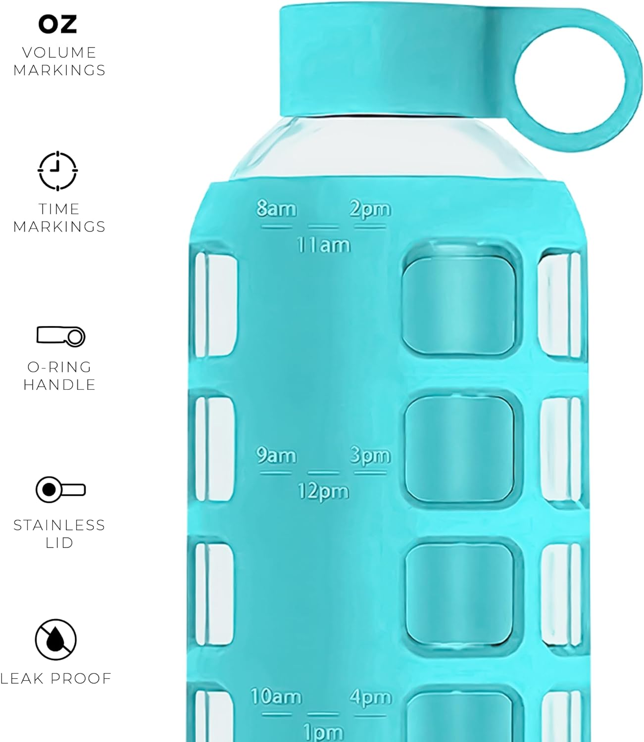 purifyou 40oz / 32oz / 22oz / 12oz Borosilicate Glass Water Bottle with Time & Volume Markers, Silicone Sleeve, Stainless Steel Lid – Reusable Glass Bottle for Water & Juice (22oz Aqua Blue)