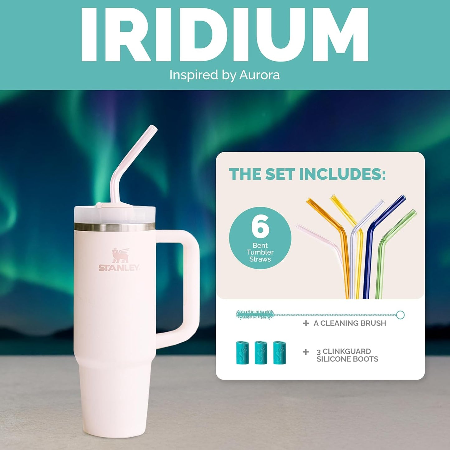 Simply Straws 12 Inch Glass Straws Bent (6-Pack) – Reusable Glass Straws for Stanley 40 Oz Tumbler, with Cleaning Brush – Durable, Dishwasher Safe, Hot & Cold Use, BPA-Free (Iridium)