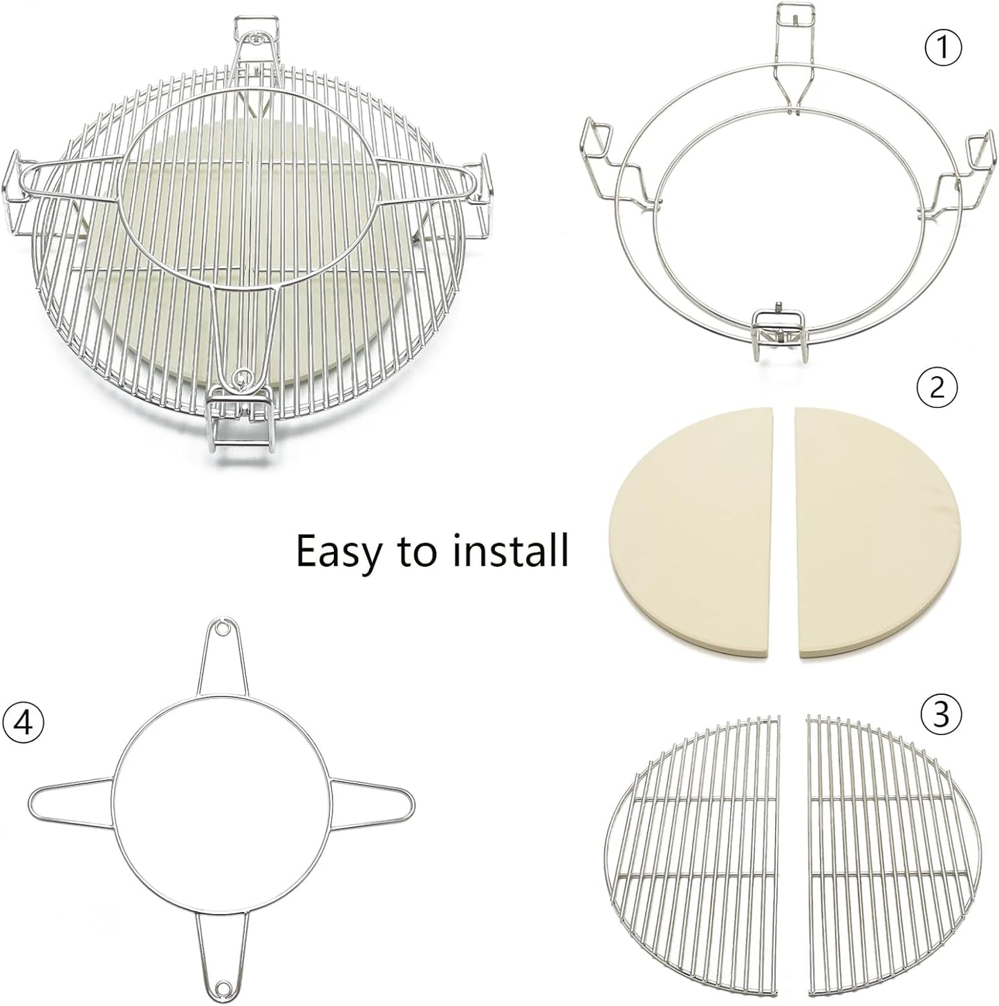Multi-Level Cooking Grates with Ceramic Heat Deflectors, System Kit for Large Big Green Egg, BGE Kamado Joe Classic, Char-Griller Akorn 18" Charcoal Grill