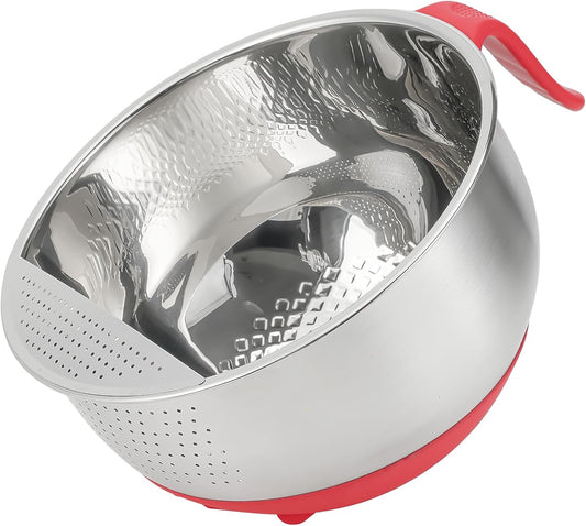 Rice Washer Strainer Bowl Quinoa Washing Bowl whit Handle Stainless Steel Colander Versatile Side Drainers for Cleaning Rinsing Fruits, Vegetables, and Beans - Tilting Non-slip Silicone Bottom, Red