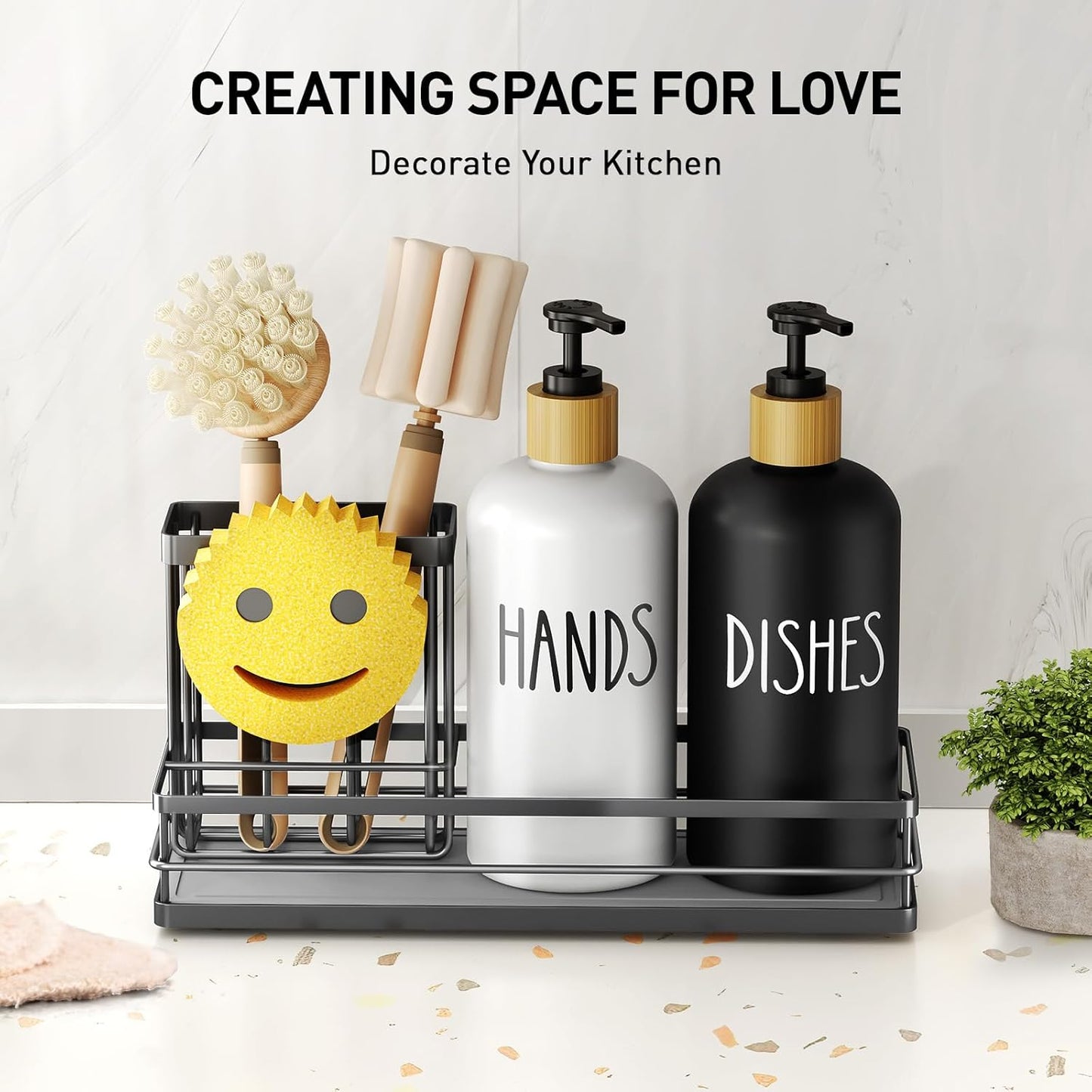 Moforoco Kitchen Dish Soap Dispenser Set, 16OZ Glass Bottle, Hand and Dish Soap Dispenser Set, Instant Dry Tray, Non-Slip Silicone Pad, Brush Holder with Smiley Face Sponge Holder, Kitchen Decor