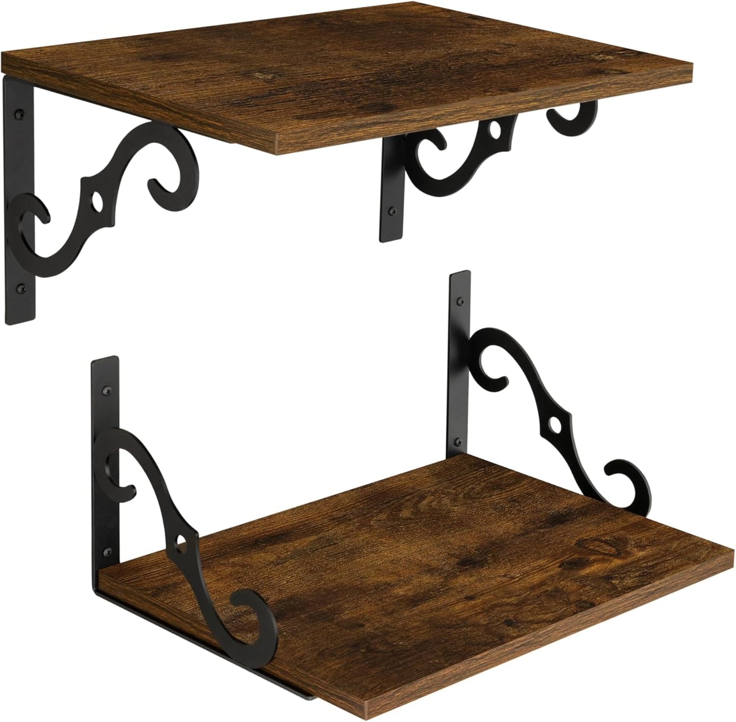 DINZI LVJ Deep Floating Shelves, 16" W x 12" D Wall Shelves Set of 2, Wide Display Shelf Wall Mounted with Brackets, Easy-to-Install Wall Bookshelf for Living Room, Bathroom, Bedroom, Rustic Brown