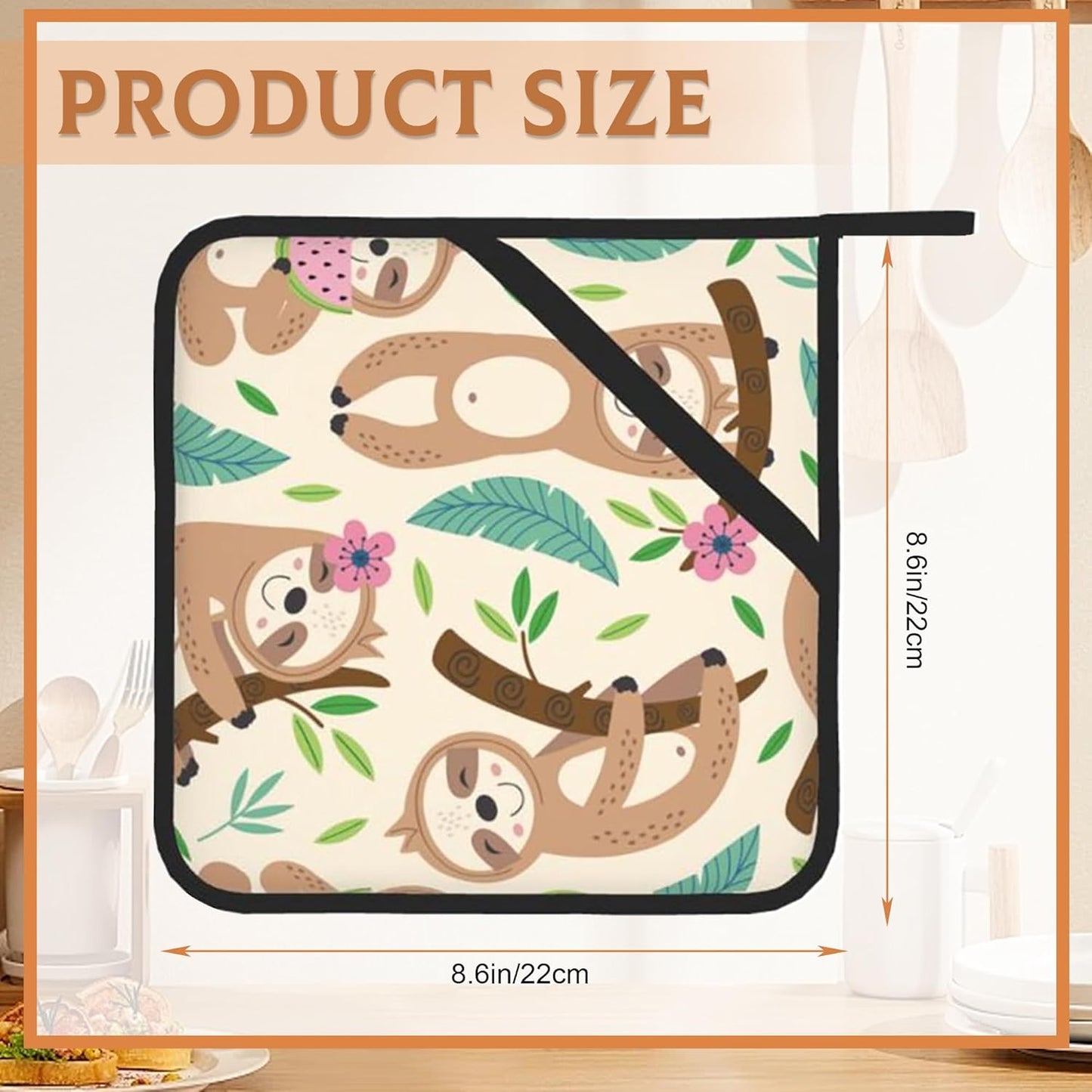 Cute Sloth Pot Holders Set of 2, Kitchen Heat Resistant Potholder for Microwave Cooking Baking Oven End Dishes and BBQ