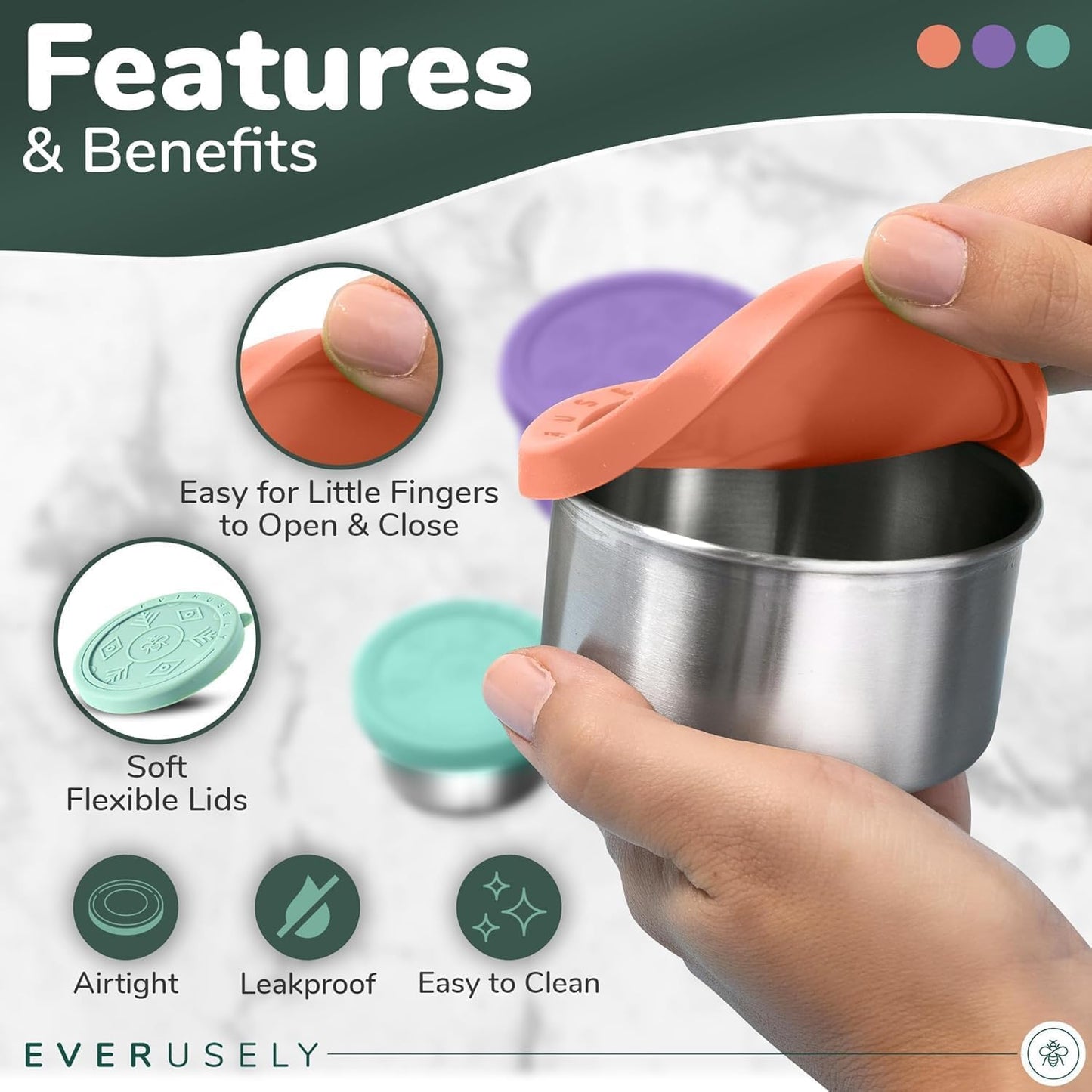 Everusely - Stainless Steel Food Containers - 3 Pack, Bright - Lunch Box - Snack Containers for Office, Home Food Storage - Leakproof with Silicone Lids - Dishwasher & Freezer Safe