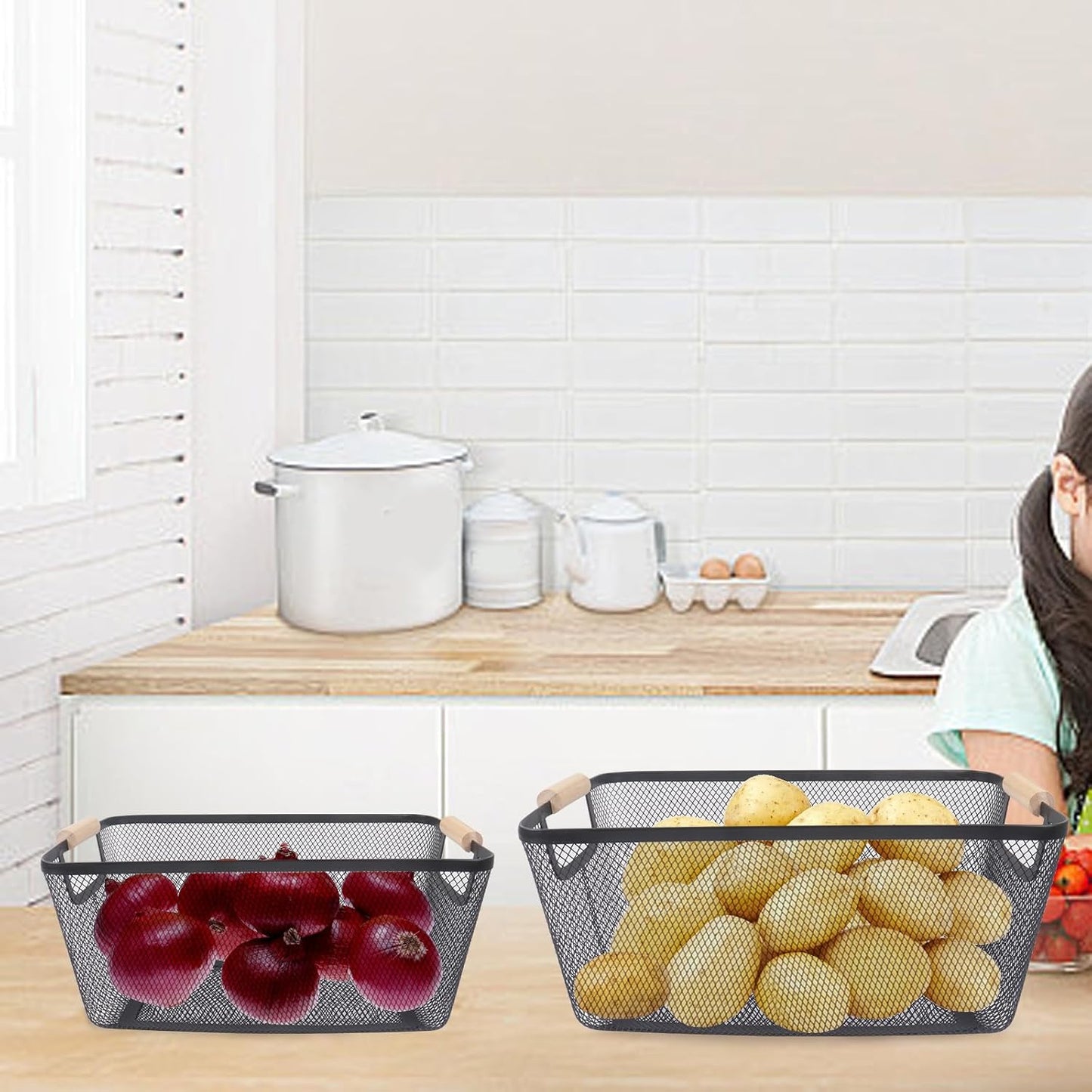 Potato and Onion Storage Bin, 2 Set Potato Bin Storage and Onion Container with Wooden Handle, Pantry Kitchen Organization and Storage, Metal Mesh Baskets for Fruit, Vegetable, Produce-Black
