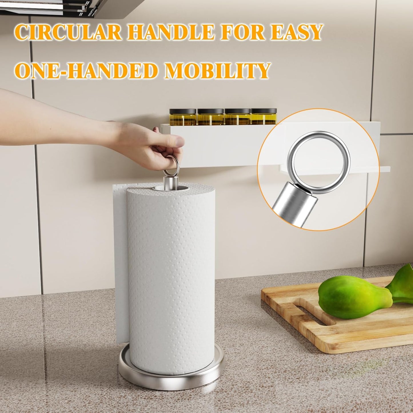 HZE Paper Towel Holder Countertop, One-Handed Tear, Stainless Steel, Weighted Base, Silver, Ring Paper Towel Holder Stand with Ratchet System for Kitchen Farmhouse Essentials Decor Accessories