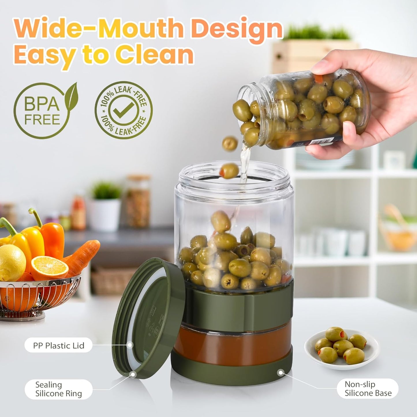 Glass Pickle Jar with Strainer Flip, 56oz Airtight Pickle Container, Leak-proof Juice Separator Pickle Flip Jar with Sealing Silicone Ring for Olive, Sliced Pickle and Jalapeno, Dishwasher Safe