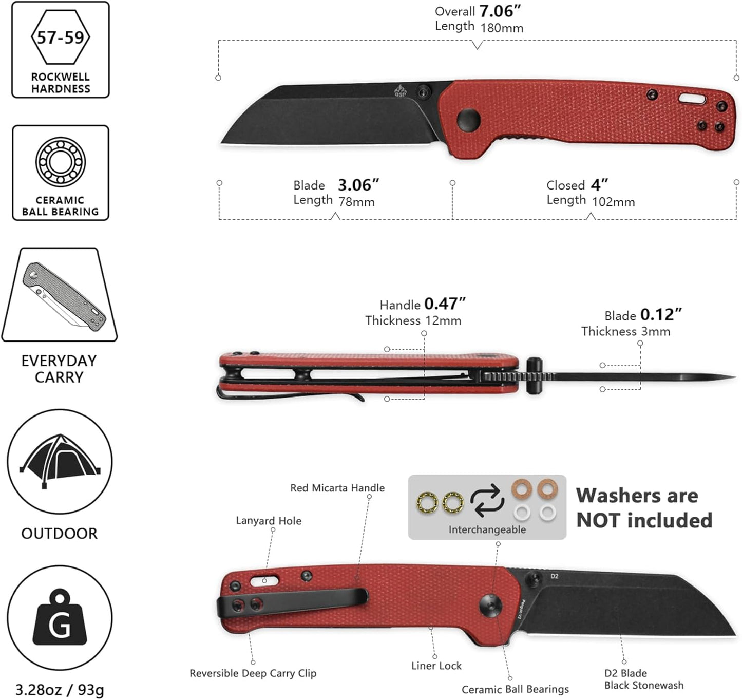 QSP Penguin V2 Folding Pocket Knife, 3.06" D2 Black Stonewash Blade EDC Knife, Red Micarta Handle, Liner Lock, Ceramic Ball Bearings, Reversible SS Deep Carry Clip