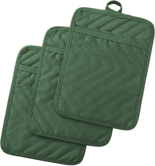 Anyi Pot Holders and Oven Mitts 7" X 9" Heat Resistant Cotton Pocket Pot Holder Set Feature of Non Slip Kitchen Hot Pad Oven Mitts, 3-Pack (Hunter Green)
