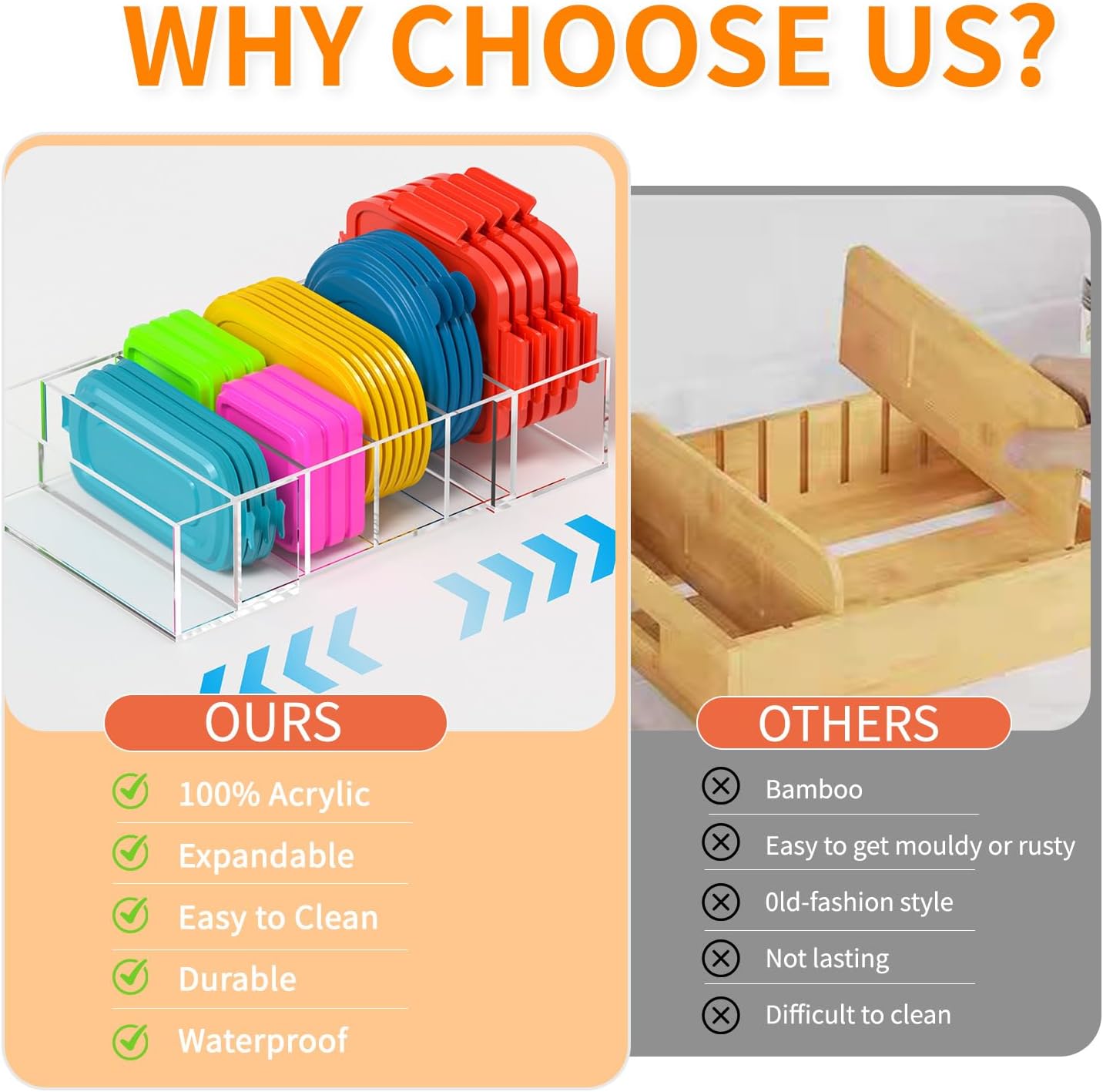 Expandable Lid Storage Organizer: Kitchen Food Container Lids Organizer for Cabinet - Acrylic Extra Large 10-18" Food Storage Container Holder for Cabinets Cupboards Pantry Drawer