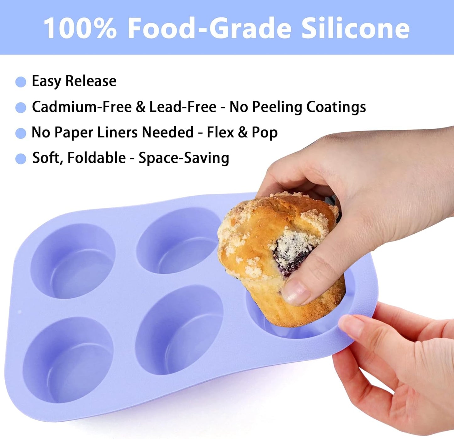 3-Pack 6-Cup Silicone Muffin Pans, Nonstick Cupcake Baking Molds, BPA/PFA-Free, Dishwasher & Oven Safe - Blue
