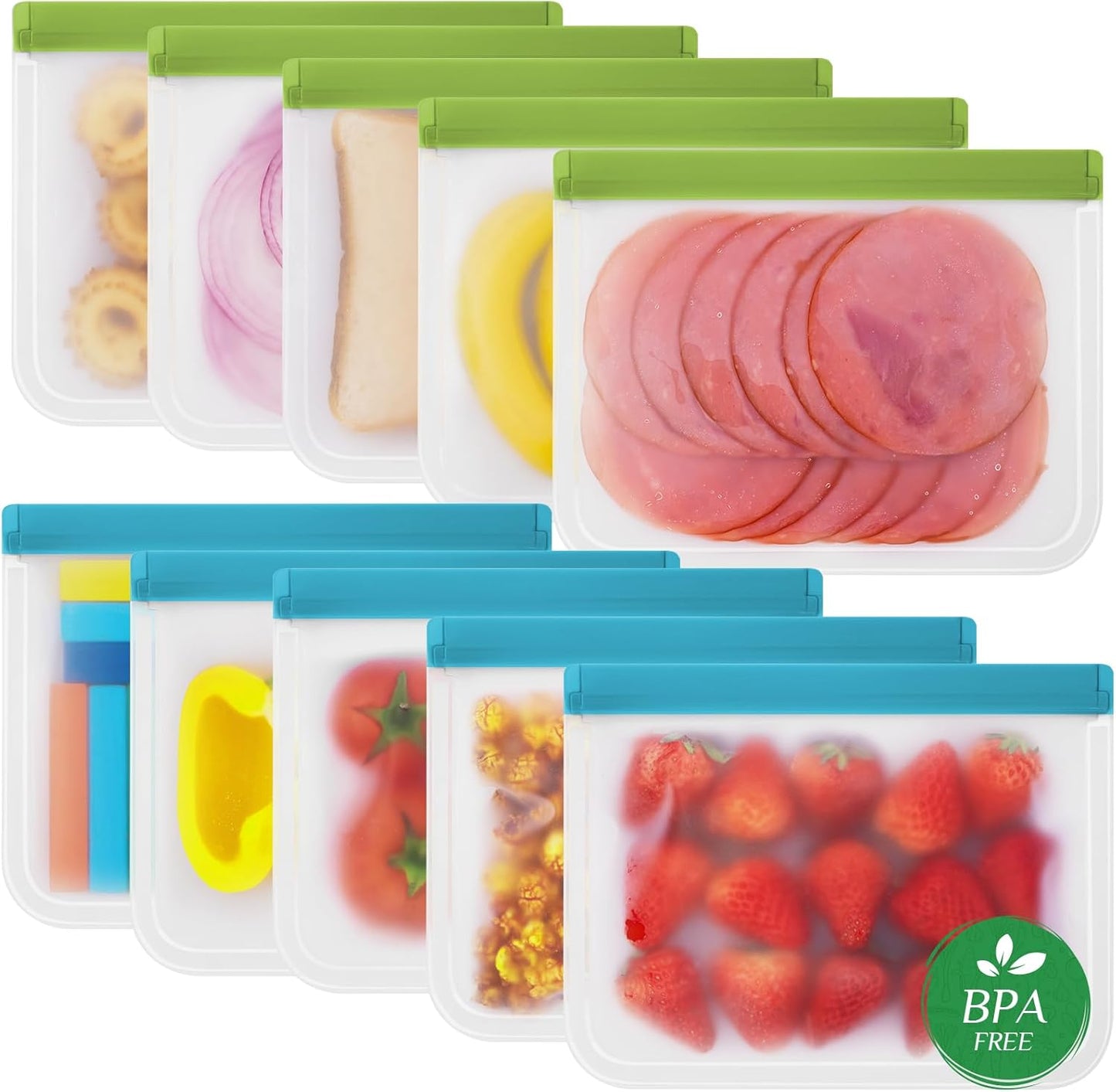 Reusable Freezer Bags - 10 Pack Sandwich Bags BPA Free, Leakproof, Extra Thick | Food Storage Bags for Freezer, Meal Prep, Travel, Kitchen, Salad & Marinate