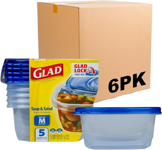 Glad GladWare Soup & Salad Food Storage Containers - Medium Rectangle - Meal Container Holds up to 24 Ounces of Food - Lock Tight Seal, 5 Count - 6 Pack
