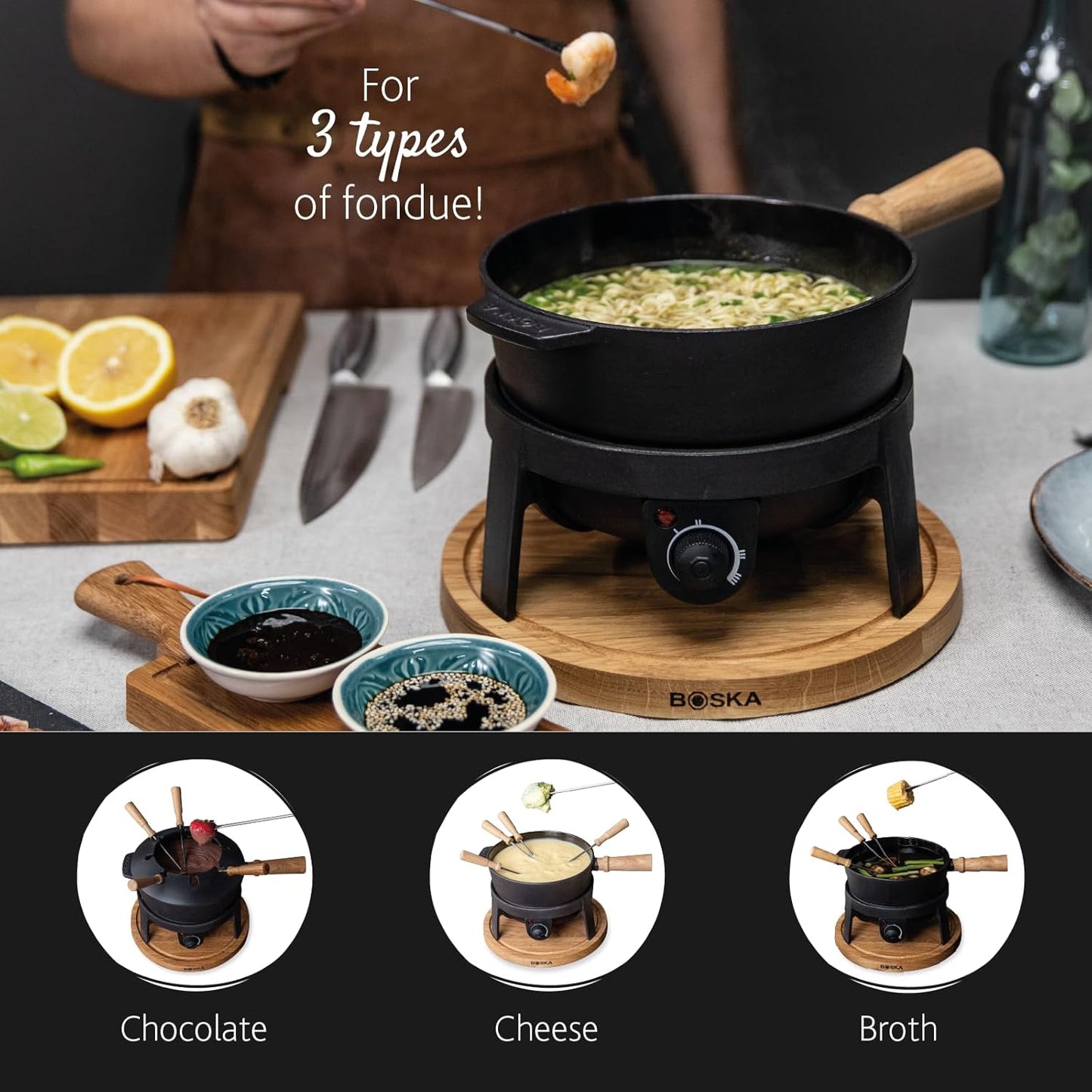 BOSKA Electric Fondue Set Pro/For Cheese, Chocolate and Broth Fondue / 8 people/Robust Cast-Iron/High Quality Materials/Splash Guard Included/Extra-long Cord/Black