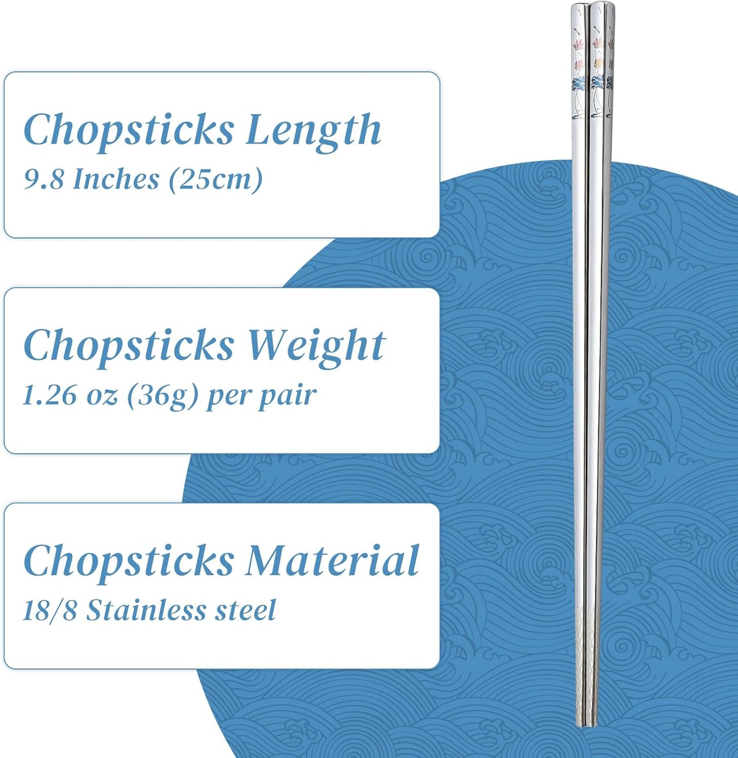 Stainless Steel Chopsticks, Titanium Plated Metal Chopsticks, 9.8" Premium Japanese Korean Color Laser Engraved Cooking Chop Sticks, Dishwasher Safe, Reusable, Anti-slip, Anti-scald, 2 Pairs Gift Set