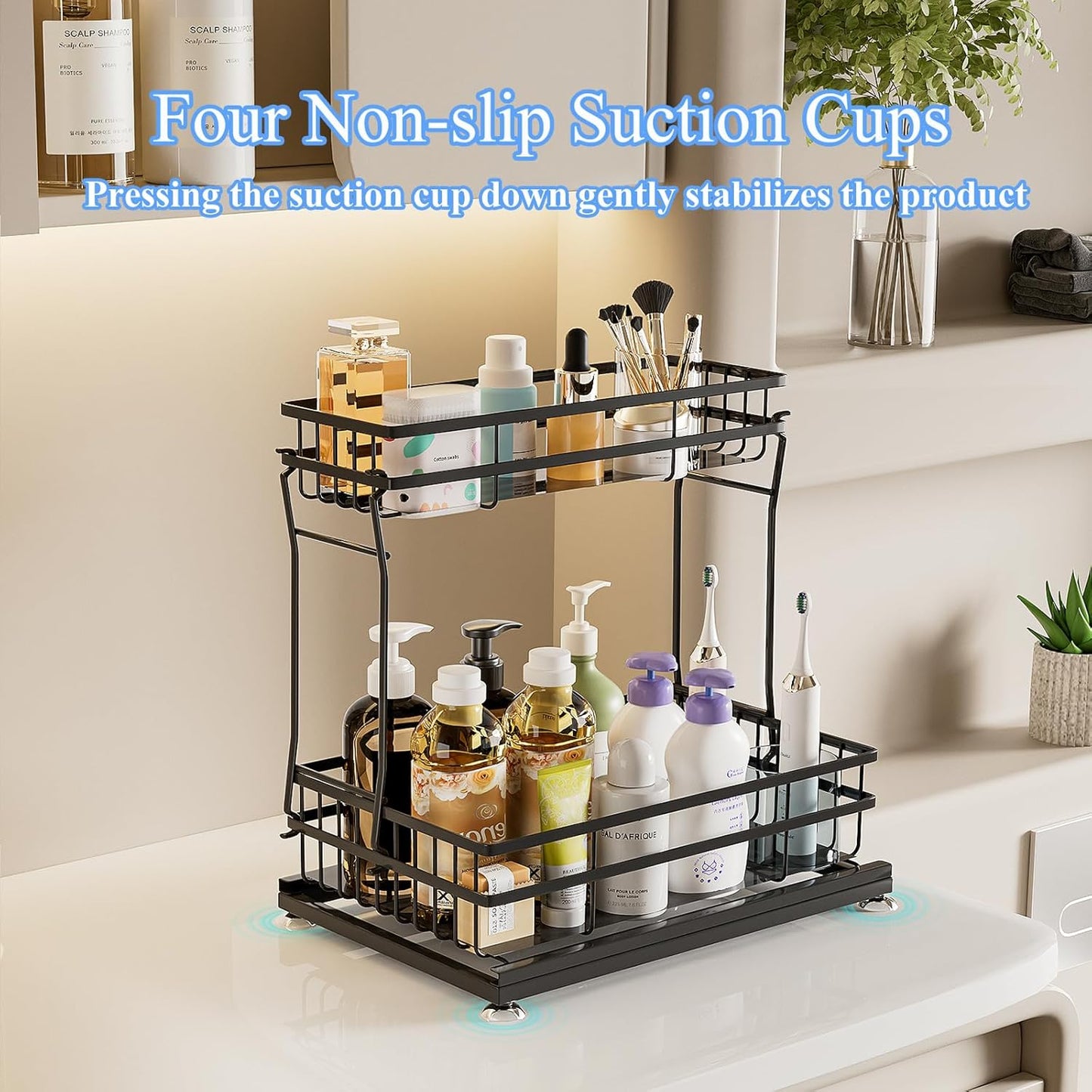 2 Pack Under Sink Organizers and Storage, 2 Tier Pull Out Cabinet Organizer, Metal Sliding Drawer Storage for Kitchen Bathroom，Black