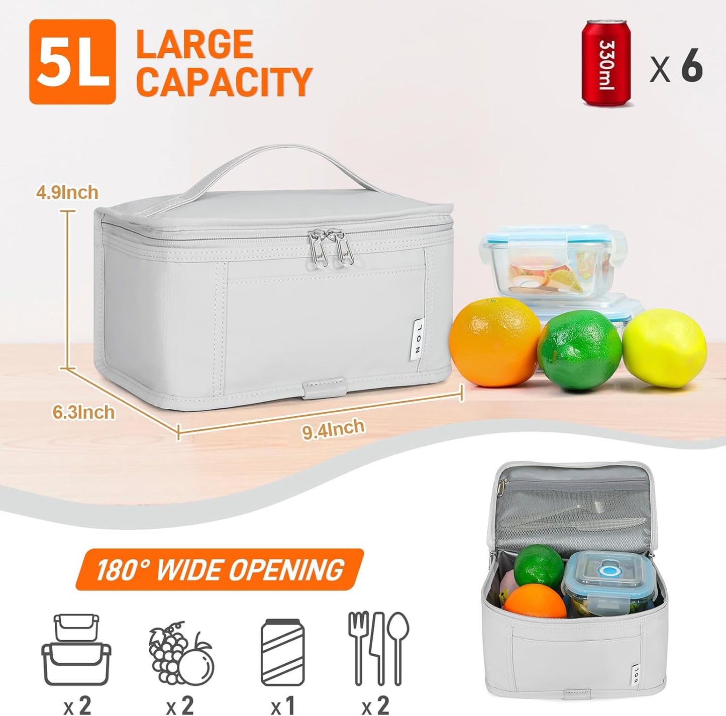 NOL Natural Organic Lifestyle Small Lunch Bag Mini Lunch Box Insulated Lunch Bag for Men/Women Leakproof Cooler Tote Bag Lightweight Nylon Waterproof Lunch Box For Work, Gray white