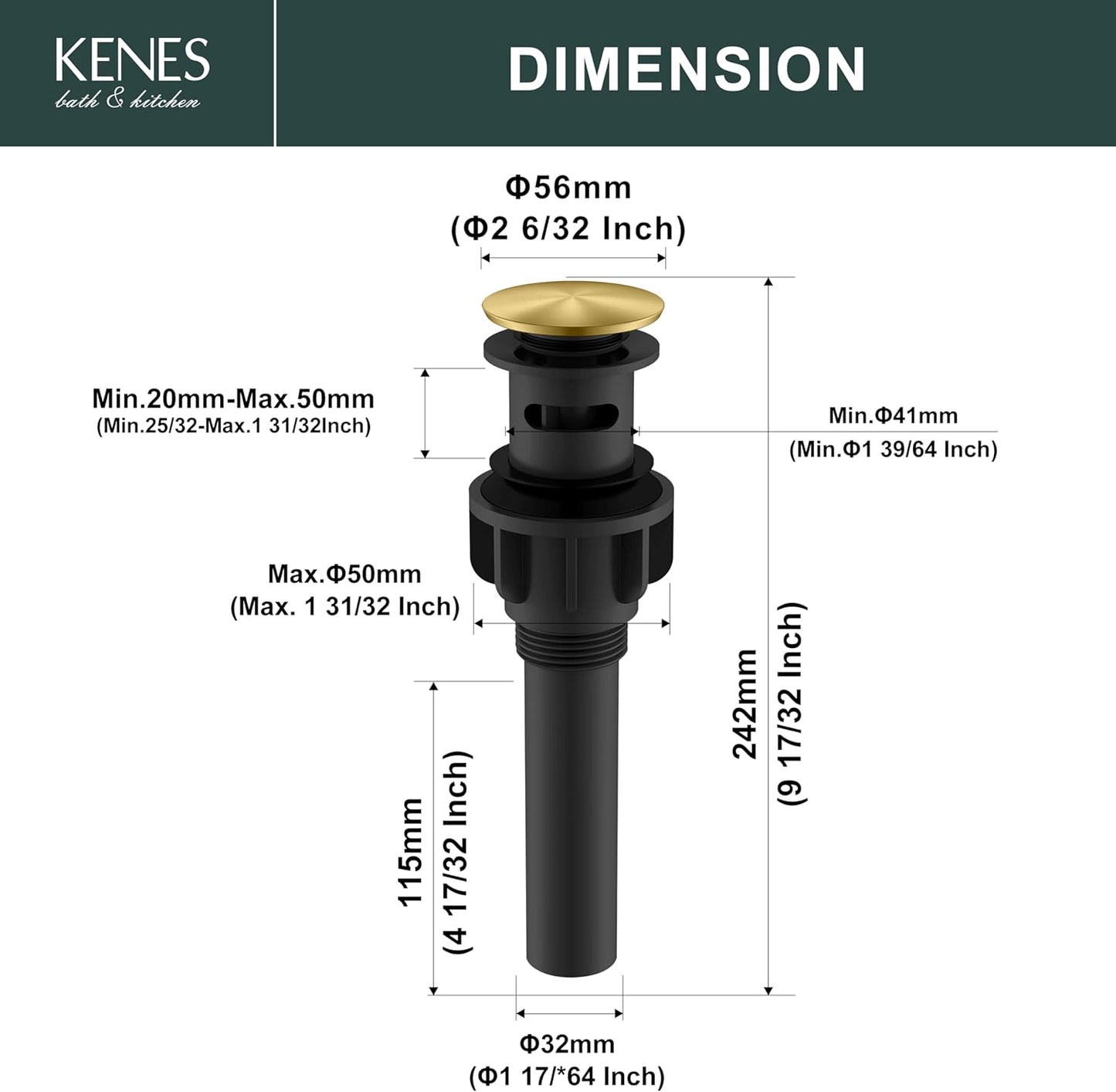 KENES Brushed Gold Pop Up Bathroom Sink Drain with Overflow, Bathroom Sink Drain Assembly with Strainer Pop Up Drain, Lavatory Bathroom Vanity Sink Pop Up Drain Stopper