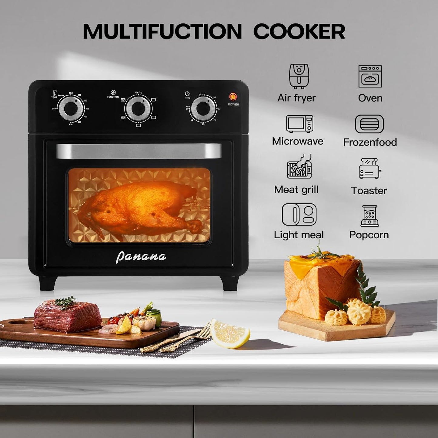 Panana Air Fryer + Convection Toaster Oven, 6-in-1 Air Fryer Toaster Oven Combo 1400W, 21QT Airfryer Convection Oven Countertop, Bake, Roast, Reheat, Broil, Dehydrate, (Black)