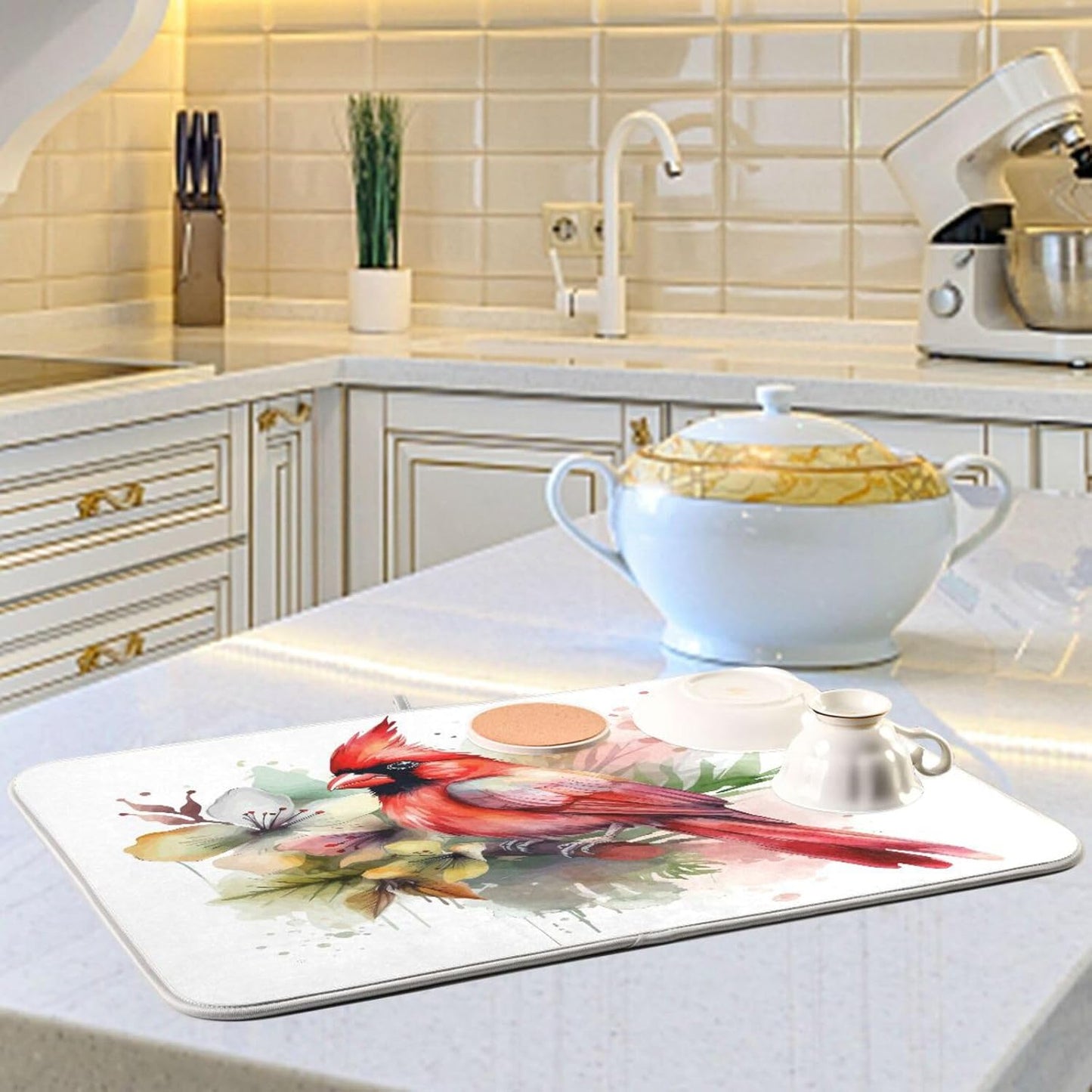 Cute Cardinal Christmas Dish Drying Mat for Kitchen Counter Absorbent Microfiber Drying Pad, Medium 16x18 in, Reversible Drainer Mats