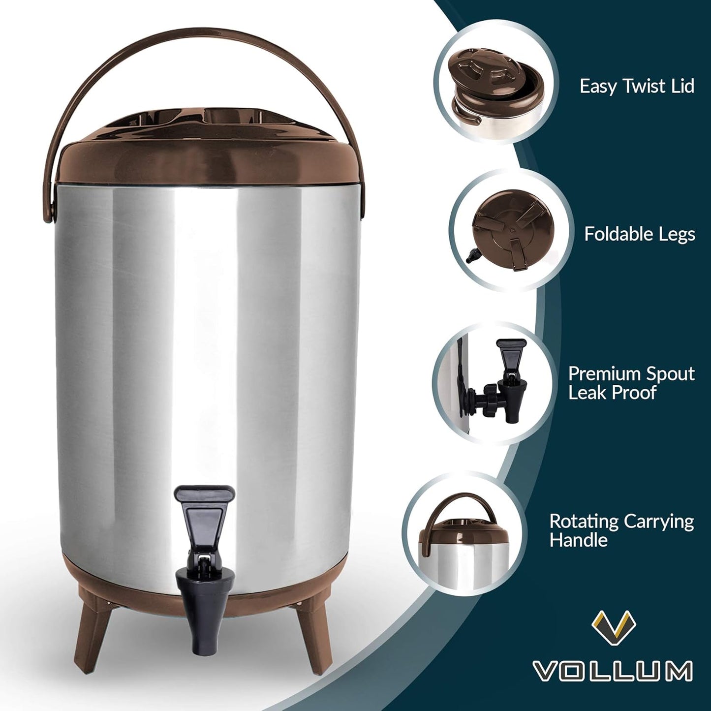 Stainless Steel Insulated Beverage Dispenser – Insulated Thermal Hot and Cold Coffee Carafe – 8 Liter Drink Dispenser with Spigot for Hot Water, Tea & Coffee, Cold Milk, Juice & More BROWN…