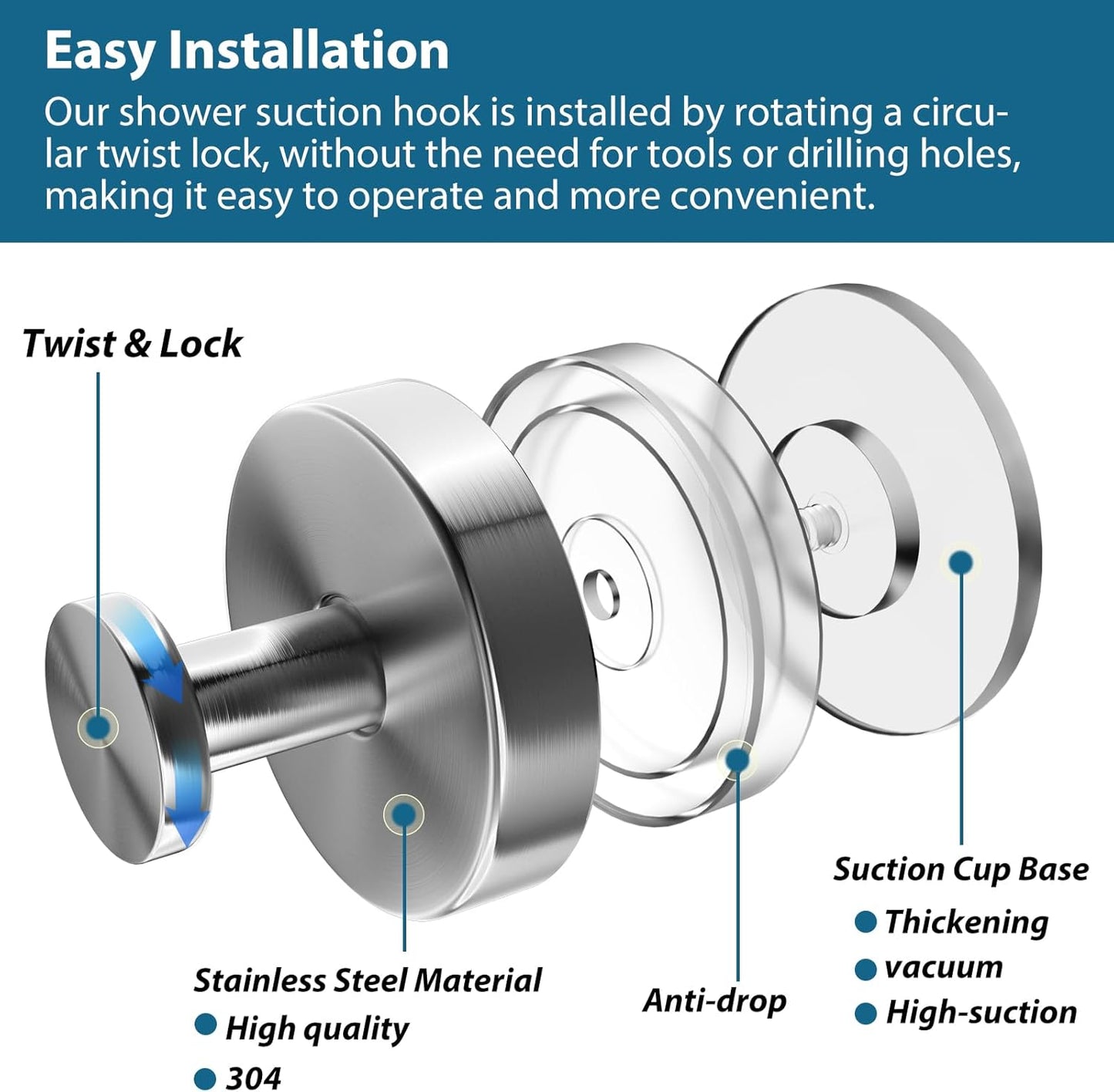 Suction Cup Hooks for Shower, 2 PCS No-Drill Towel Holder for Bathrooms Wall, Glass Door, Mirror, Tiles, Kitchen, Hold Robe & Wreath, Hanging up to 15 lbs – Waterproof & Rustproof, Loofah-Silver