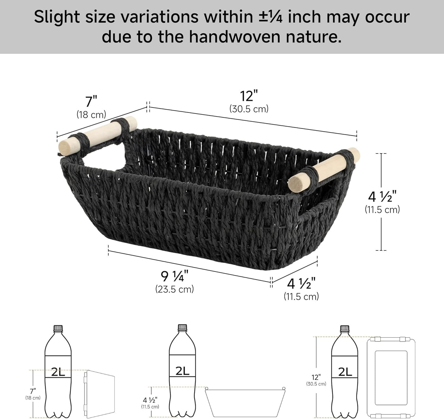 StorageWorks Black Wicker Storage Basket for Organizing with Wooden Handles, Small Woven Basket for Bathroom, Toilet Paper, 2-Pack