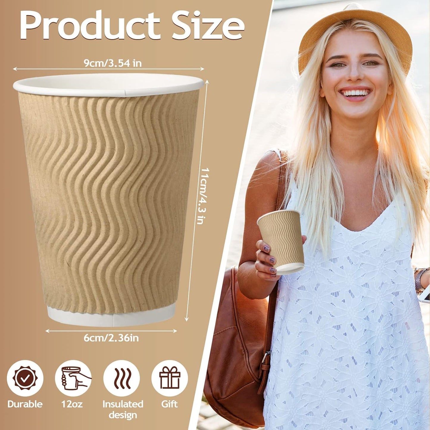 Foaincore 200 Pack 12 oz Brown Paper Cups, Disposable Ripple Insulated Hot Beverage Cups for Coffee, Tea, Hot Chocolate, Cold Drinks, Party & Events