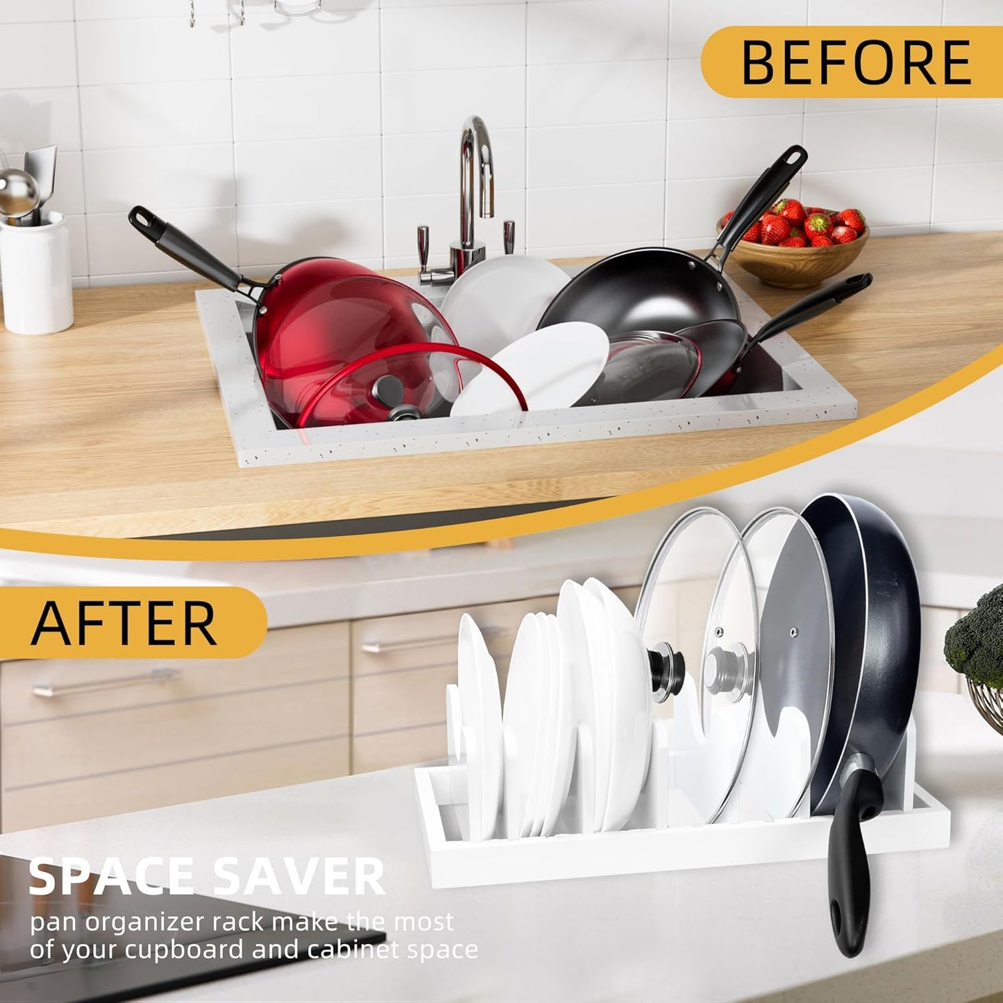 MinBoo Bamboo Pot Lid Organizer Pot Lid Holder, Pot and Pan Organizer Drawer Organizer for Pot Lids, Pans, Cutting Boards & Baking Sheets, Dinner Plates, Reusable Containers in Cabinet Storage,White