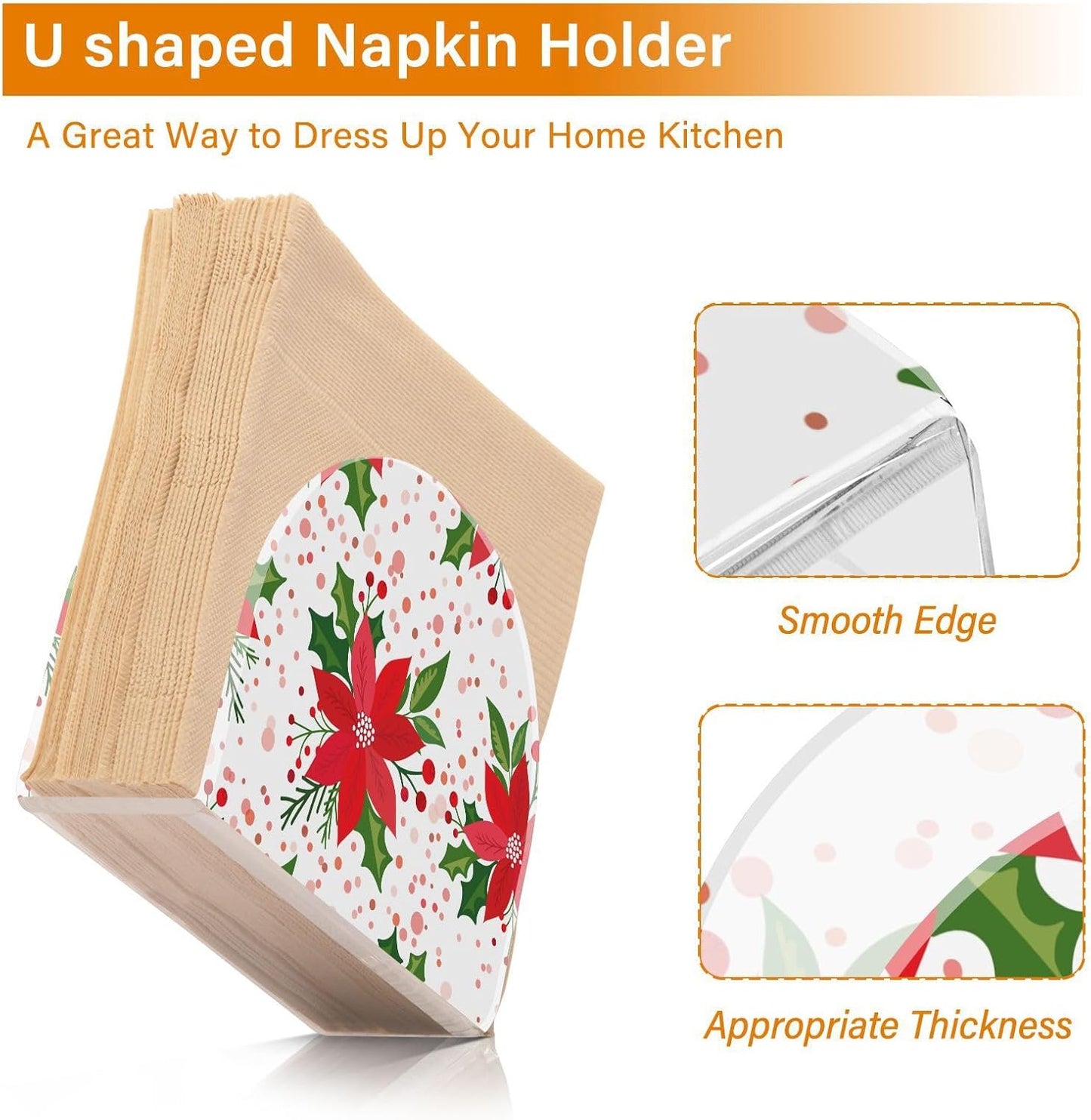 Christmas with Poinsettia Napkin Holder for Table Paper Napkins Holder Acrylic Tissue Dispenser Kitchen Dining Room Bathroom Party Car Decor
