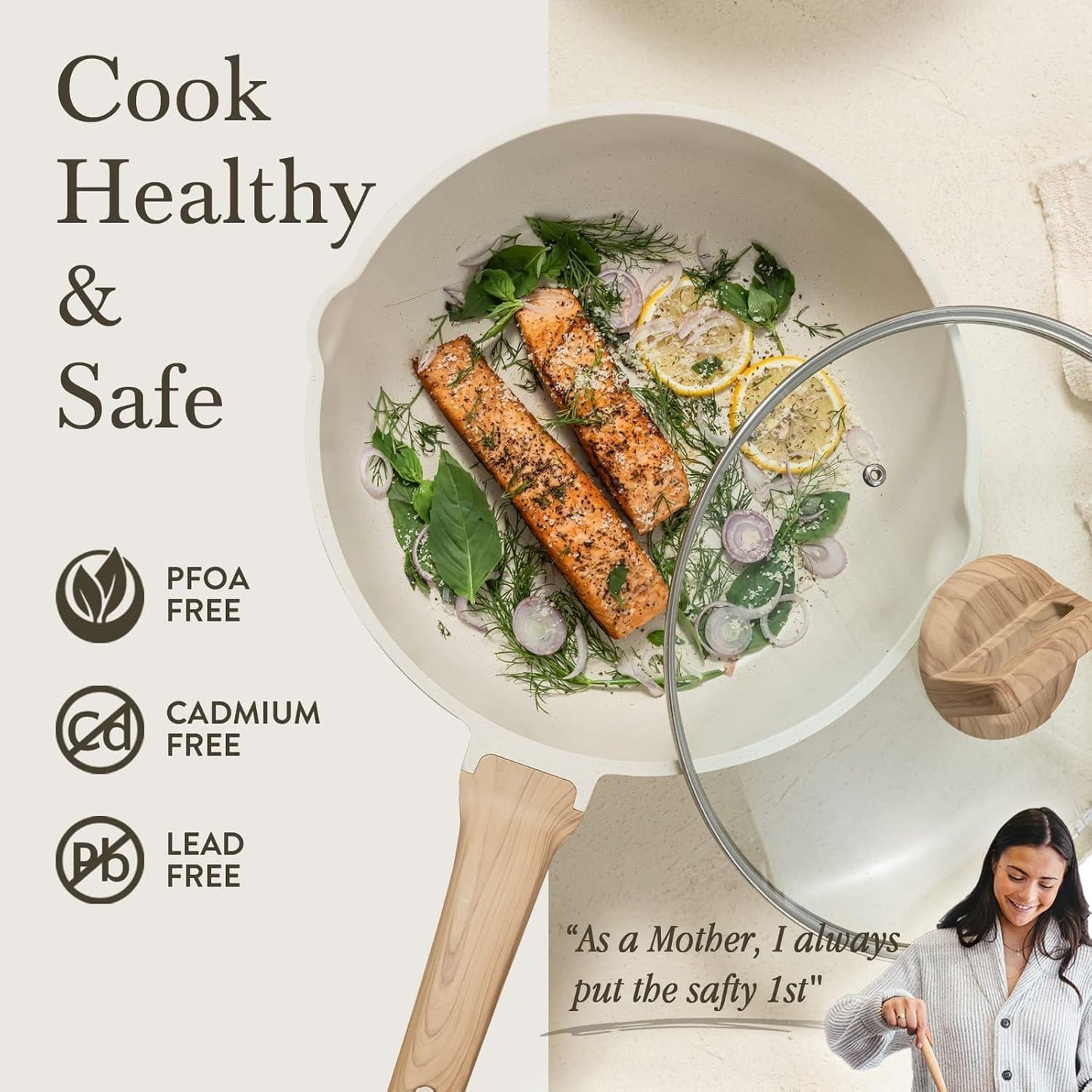 CAROTE 10Inch Nonstick Deep Frying Pan with Lid, 4.5Qt Jumbo Cooker Saute Pan with Pour Spout, Skillet Induction Cookware, Non Stick Cooking Pan Kitchen Pan PFOA Free, White Granite