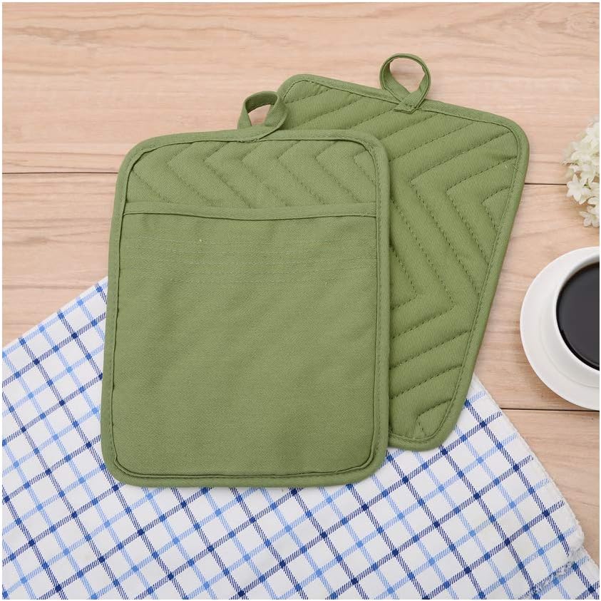 Anyi Heat Resistant Pot Holders, Cotton Hot Pads for Counter & Table, Green with Pocket