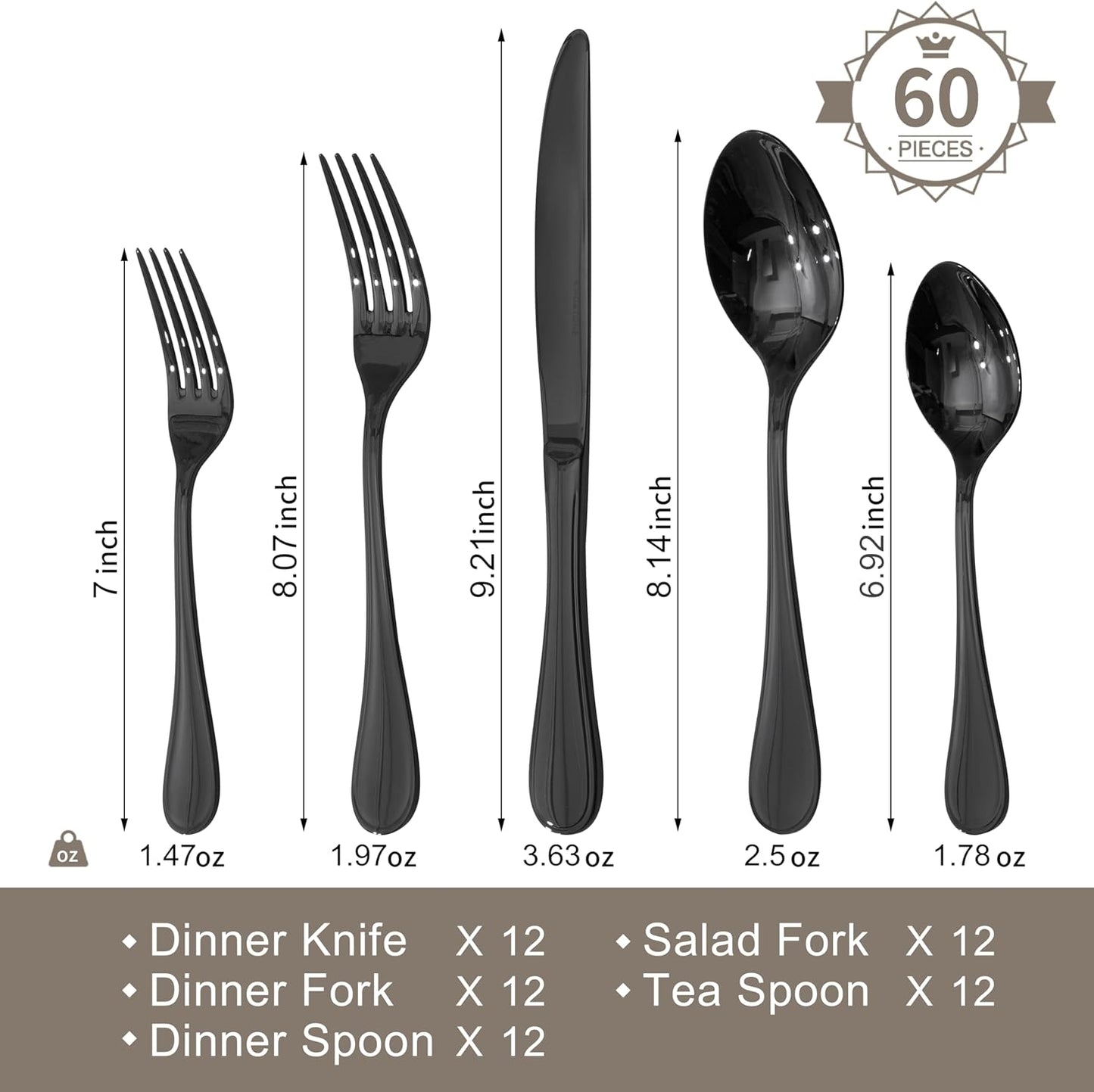KINGSTONE 60 Piece Teardrop Silverware Set for 12, 18/10 Stainless Steel Flatware Set, Modern Design Cutlery Set for Home/Hotel/Wedding,Mirror Polished and Dishwasher Safe, Black