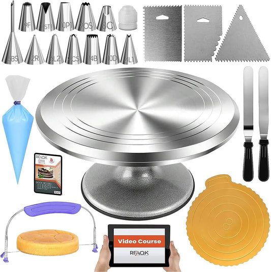 RFAQK 50PCs Cake Decorating Supplies Kit with 12" Aluminum Rotating Cake Turntable Stand, Professional Leveler, Straight & Offset Spatulas, 12 Numbered Icing Tips & Bags