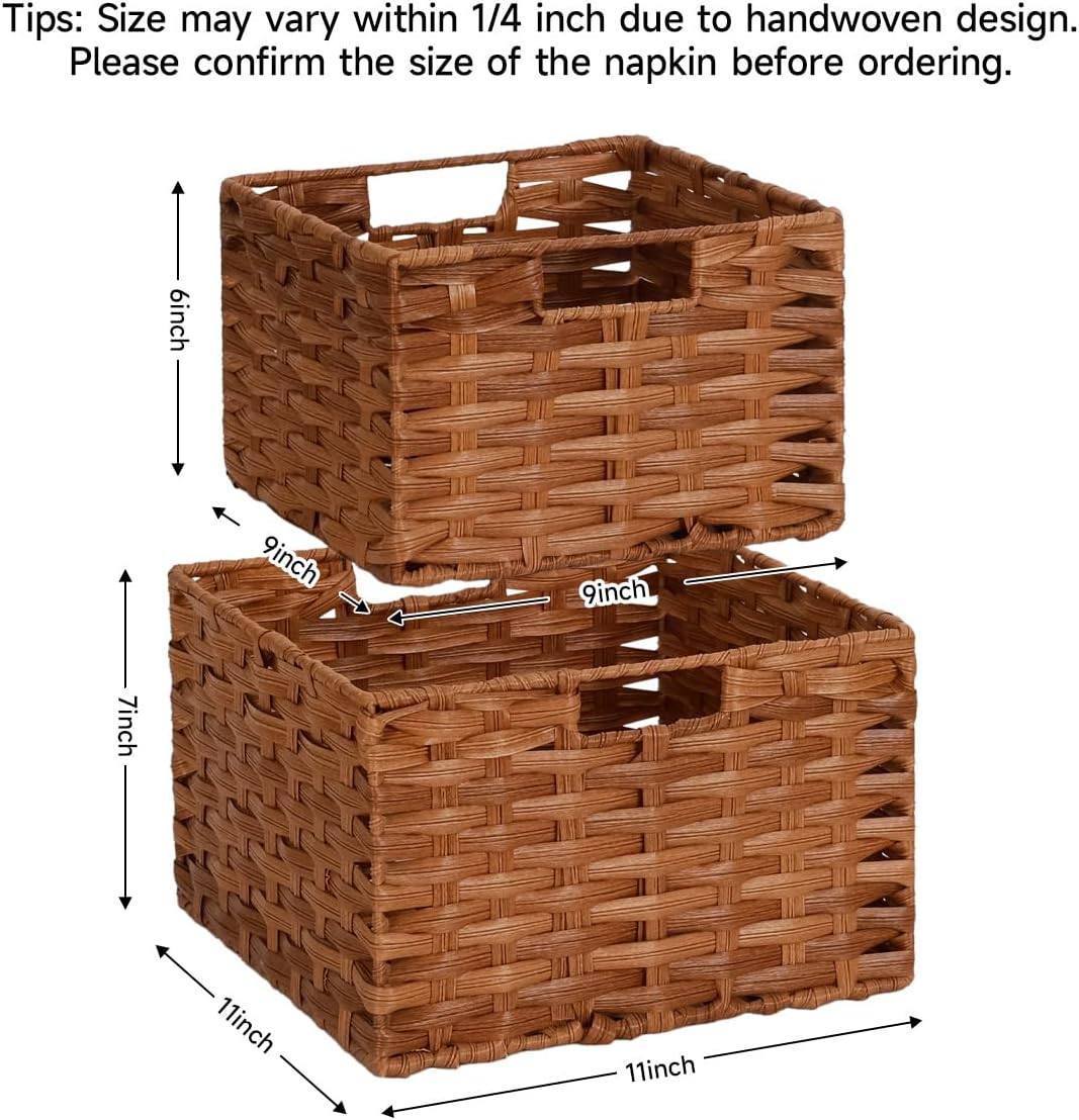 Wicker Storage Baskets with Handles, Decorative Handwoven Plastic Wicker Boxes Storage Basket for Room, Pantry, 2 Pack Large and Small (Brown)