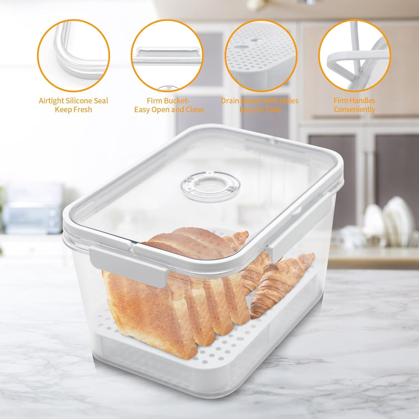 Portable Bread Box with Handles and Time Recording, Bread Storage Container for Kitchen Countertop, Breadbox Organizer Holder for Homemade Bread, Loaf Bread Keeper, Airtight Food Container Bin