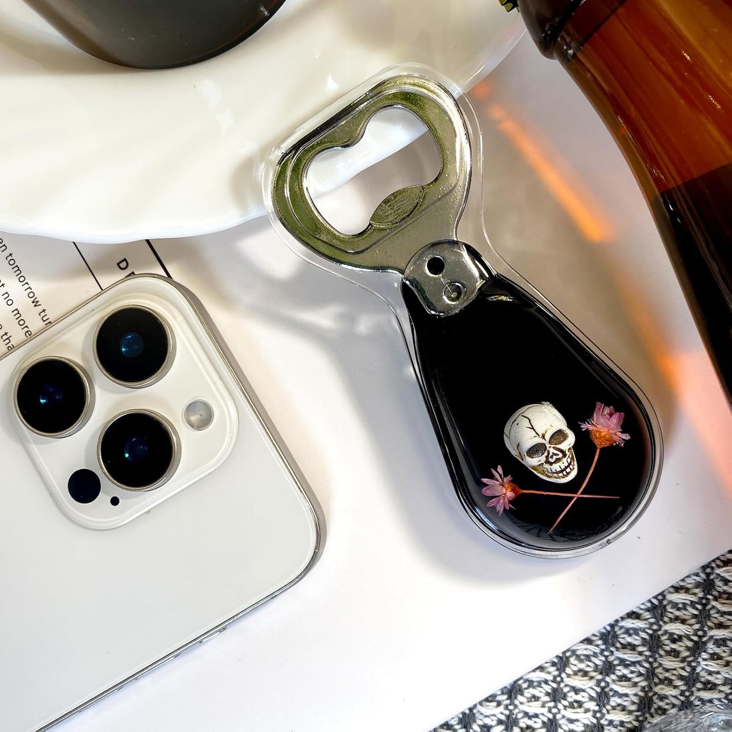 Halloween Ghost Skull Decor, Magnetic Bottle Opener, Original Design Skull Flower in Black Resin – Strong Magnet for Fridge – – Gothic Halloween Gifts - Midnight Black