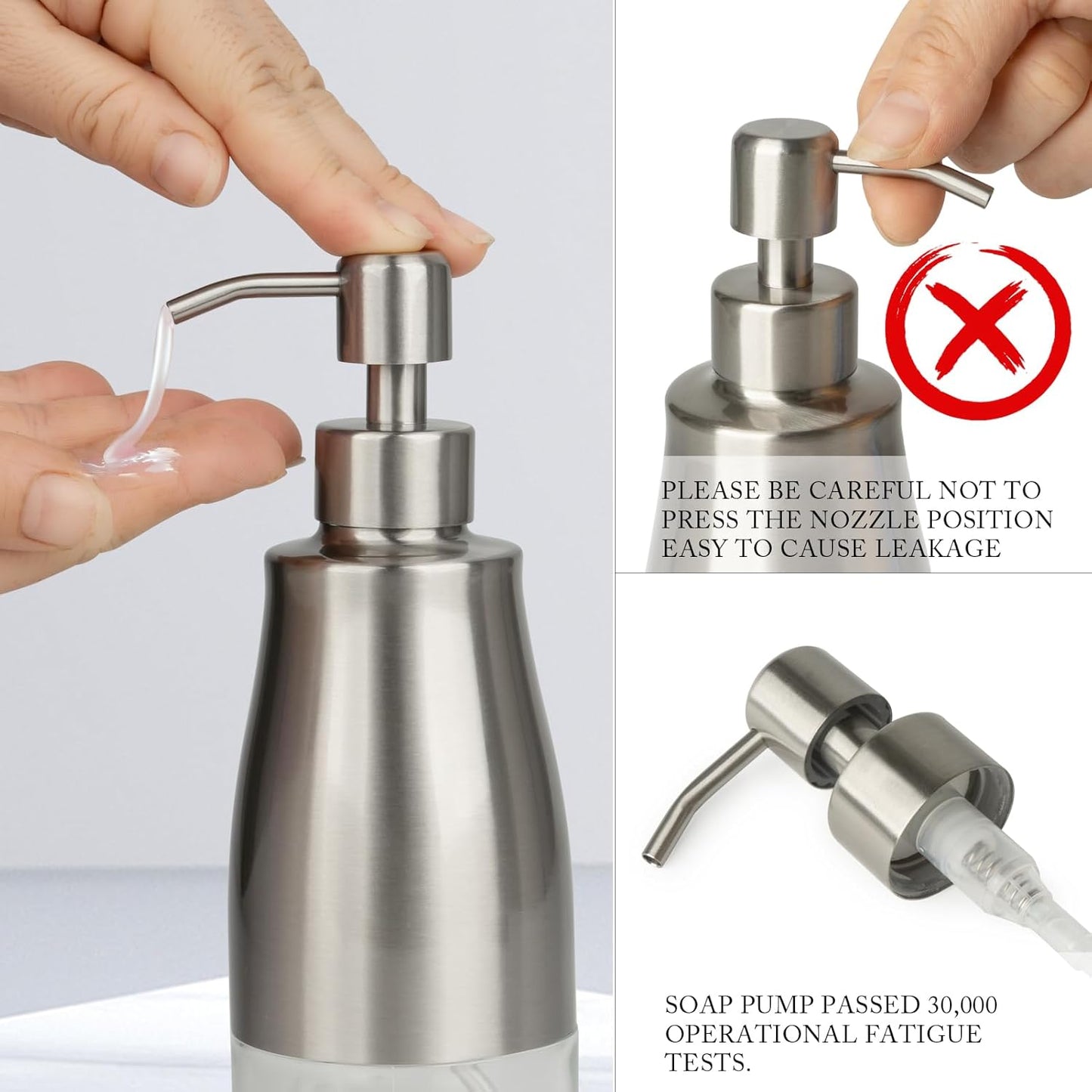 Gaussra Kitchen Soap Dispenser Set with Silicone Tray and Stickers - Brushed Nickel, Stainless Steel Glass Soap Dispenser Bathroom, Refillable Hand Dish Soap Dispenser for Kitchen Sink