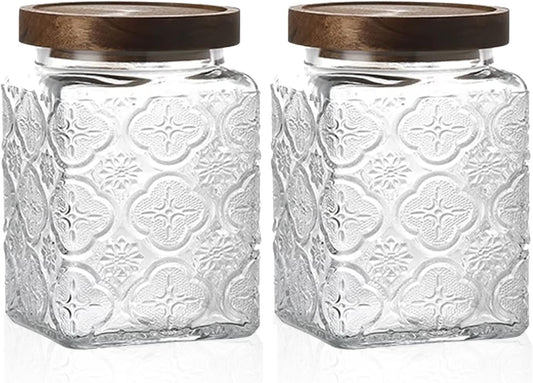 Snminetal Vintage Glass Airtight Storage Jar Set of 2, With Airtight Wood Lid, Kitchen Food Storage Containers,Suitable for storage Tea leaves,Coffee Beans,dried fruits, cereals, etc(Plum pattern)