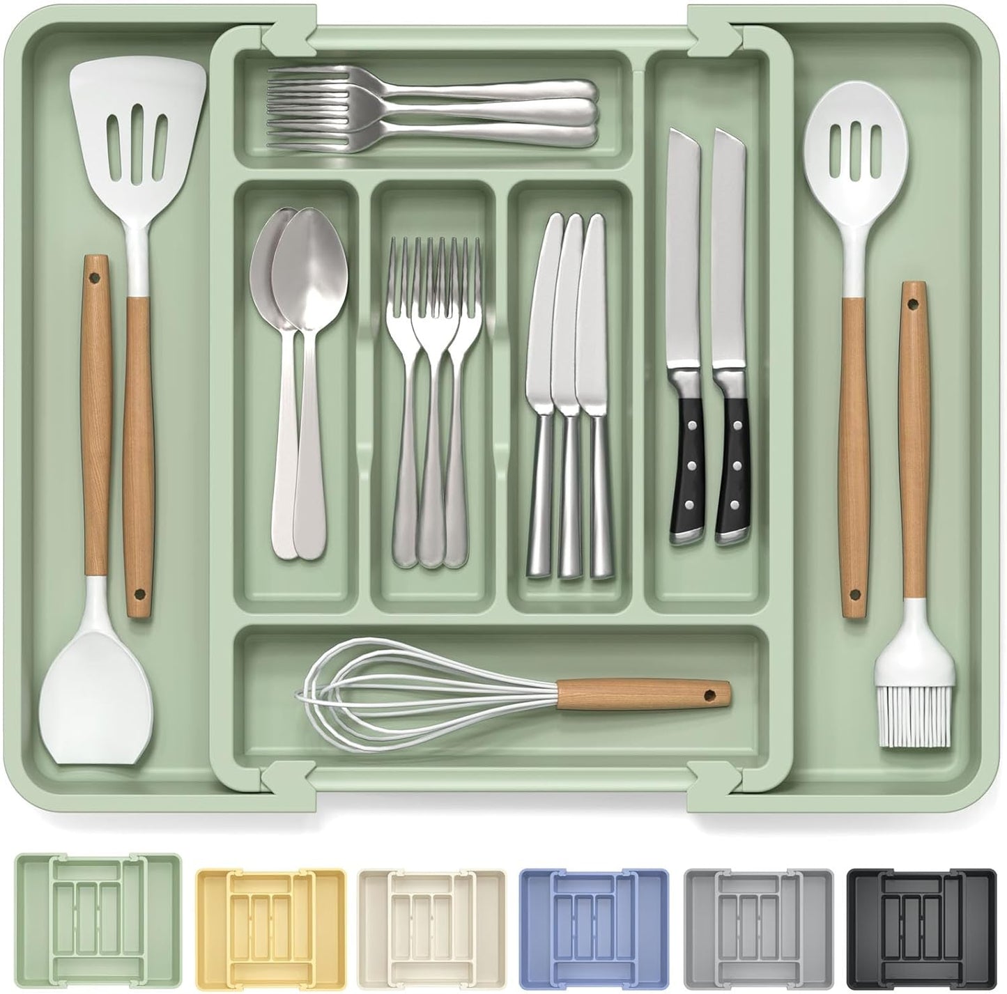 Caperci Large Silverware Organizer for Kitchen Drawer & Utensils - Expandable Drawer Organizer for Cutlery, Flatware & Gadget, BPA-Free Thick Plastic, Wider Compartments & Non-skid Feet (Sage Green)