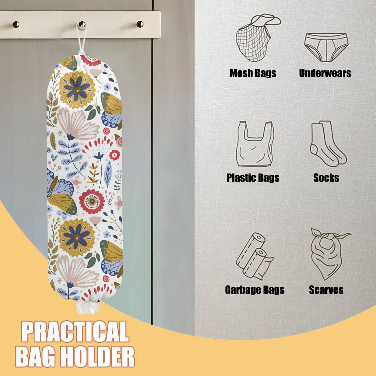 Butterfly Plastic Bag Holder, Wall Mount Grocery Bag Holder, Plastic Storage bag, Pull Rope Free Adjustment, Plastic Bag Holders for Grocery Bags, Plastic Bag Dispenser for Home Kitchen Office