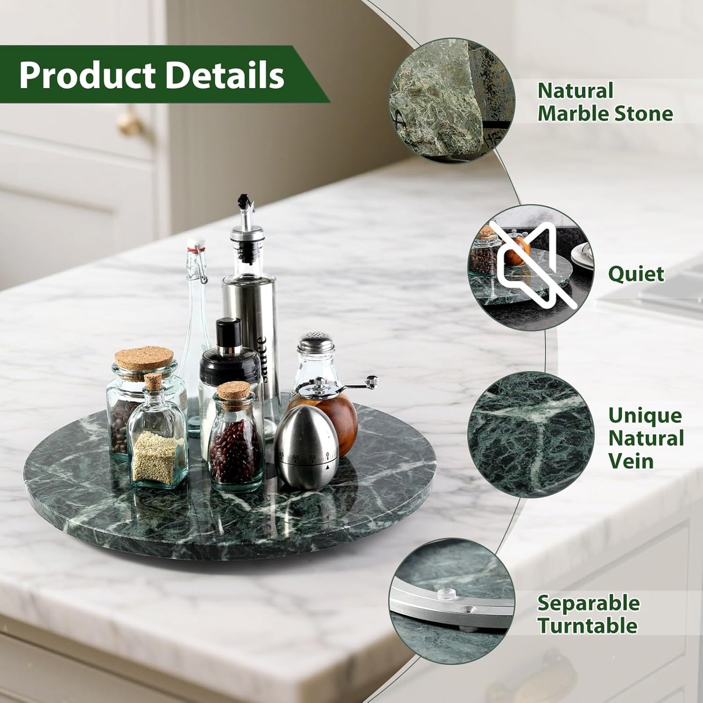 Marble Lazy Susan, 16 in Turntable Organizer for Cabinet Pantry Kitchen Countertop Fridge Bathroom Makeup Vanity Countertop, Detachable Organizer (Indian Green)