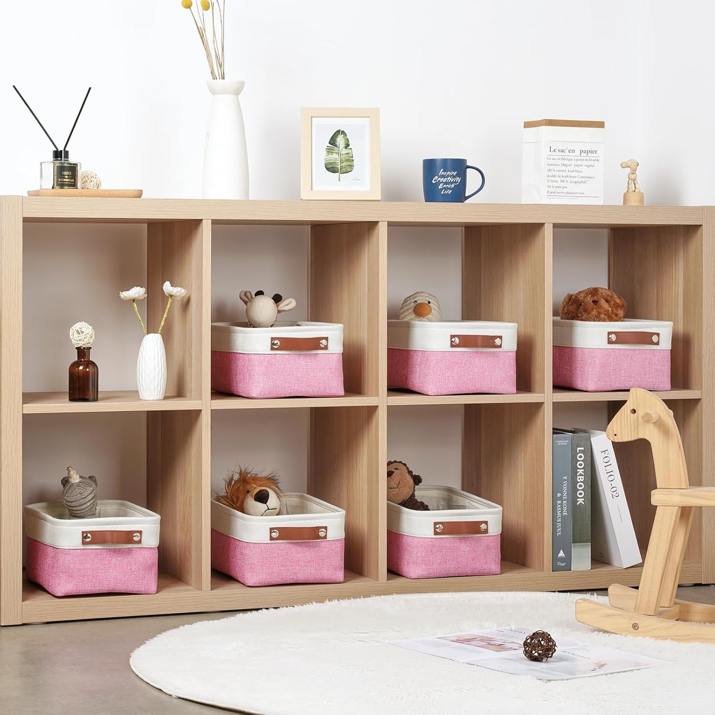 DULLEMELO Small Storage Baskets 6 Pack, Fabric Collapsible Gift Storage Baskets for Shelves, Closets, Nursery, Home, Office Organizing,Small Canvas Linen Rectangular Storage Bins (6-Pack, White&Pink)