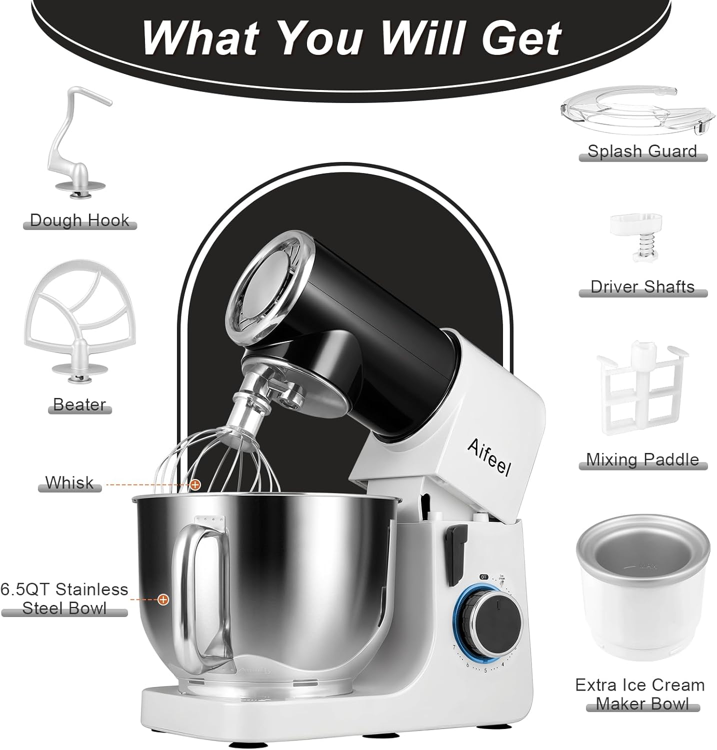 Aifeel Stand Mixer,6.5QT Kitchen Electric Mixer with 2QT Ice Cream Maker Bowl, 6 in 1 Multifunctional Bread Dough Mixer with Dough Hook,Wire Whip & Beater (Black-White)