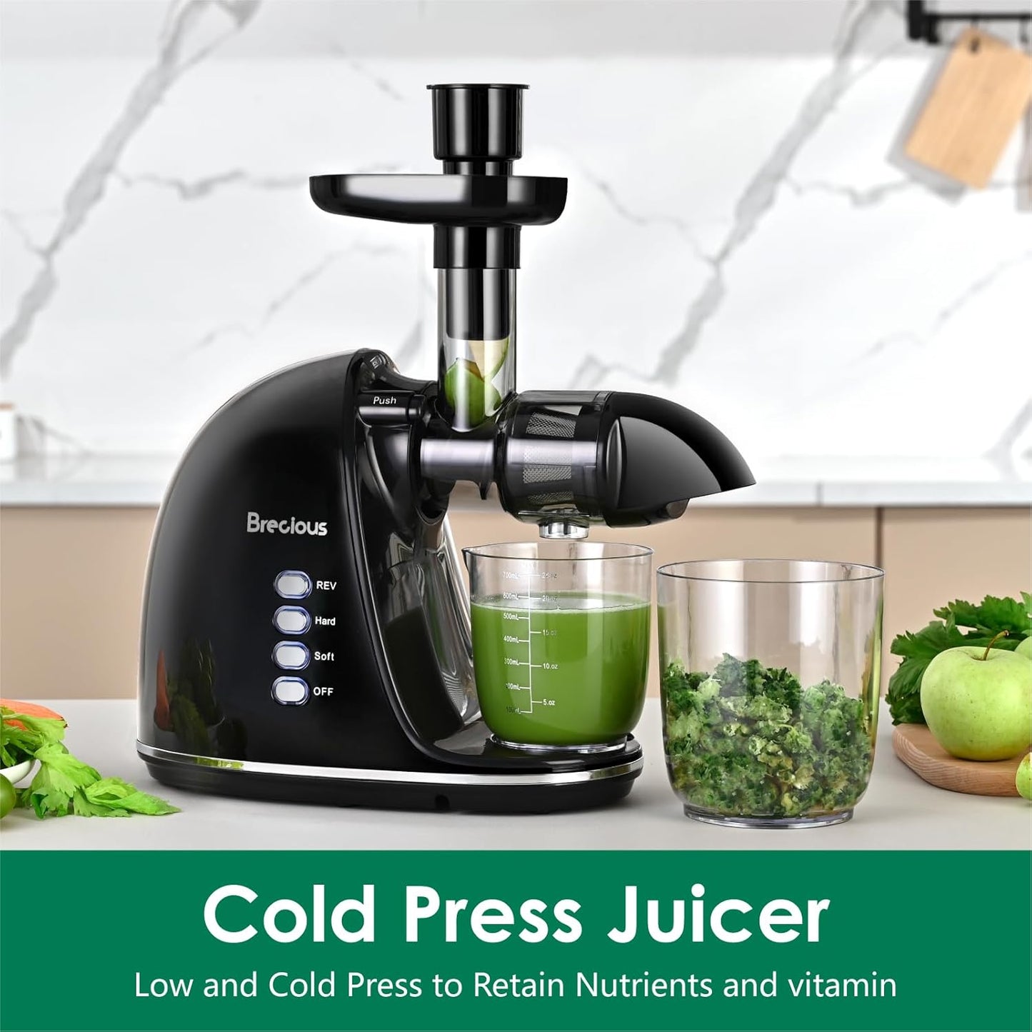 Slow Masticating Juicer,Brecious Cold Press Juicers with 2 Speed Modes & Quiet Motor,Juicers Machines Vegetable and Fruit with Reverse Function,Celery Juicer,BPA-Free,Easy to Clean (Black)