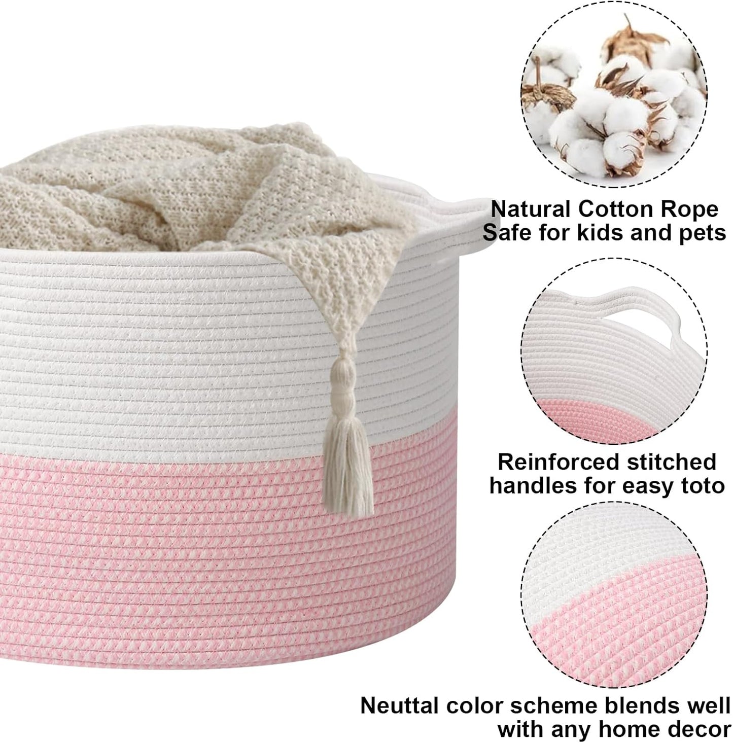 Large Blanket Basket for Organizing,115L Closet Organizers and Storage Bins Box for Shelves Woven Rope Storage Baskets,Living Room,Bedroom,Dorm,Laundry room (White&Pink)
